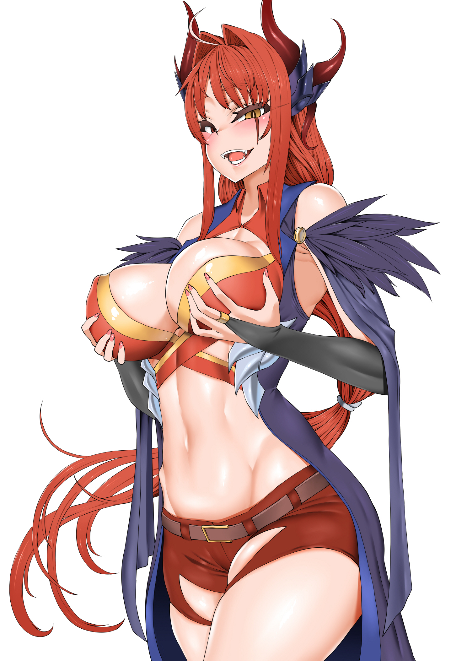 bare shoulders, belt, black feathers, black shorts, blush, breast lift, breasts, bridal gauntlets, cleavage, commission, covered nipples, cowboy shot, dragon horns, feathers, female, grin, hair intakes, heterochromia, highres, horns, large breasts, long hair, looking at viewer, low-tied long hair, nail polish, navel, original, pink nails, red eyes, red hair, shorts, simple background, slit pupils, smh1069, solo, stomach, torn clothes, torn shorts, very long hair, white background, yellow eyes