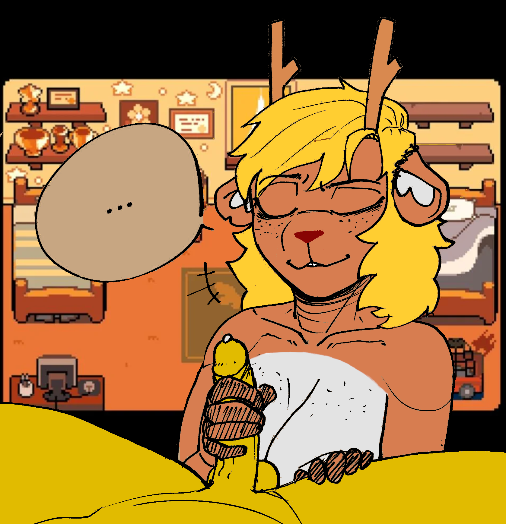 anthro, anthro on human, antlers, color, colored, deltarune, deltarune tomorrow, edit, female, freckles, handjob, human, kris (deltarune), kris male (deltarune), male, noelle holiday, precum, speech bubble, straight, tagme, third-party edit, undertale, undertale (series), yellow skin, zytkal