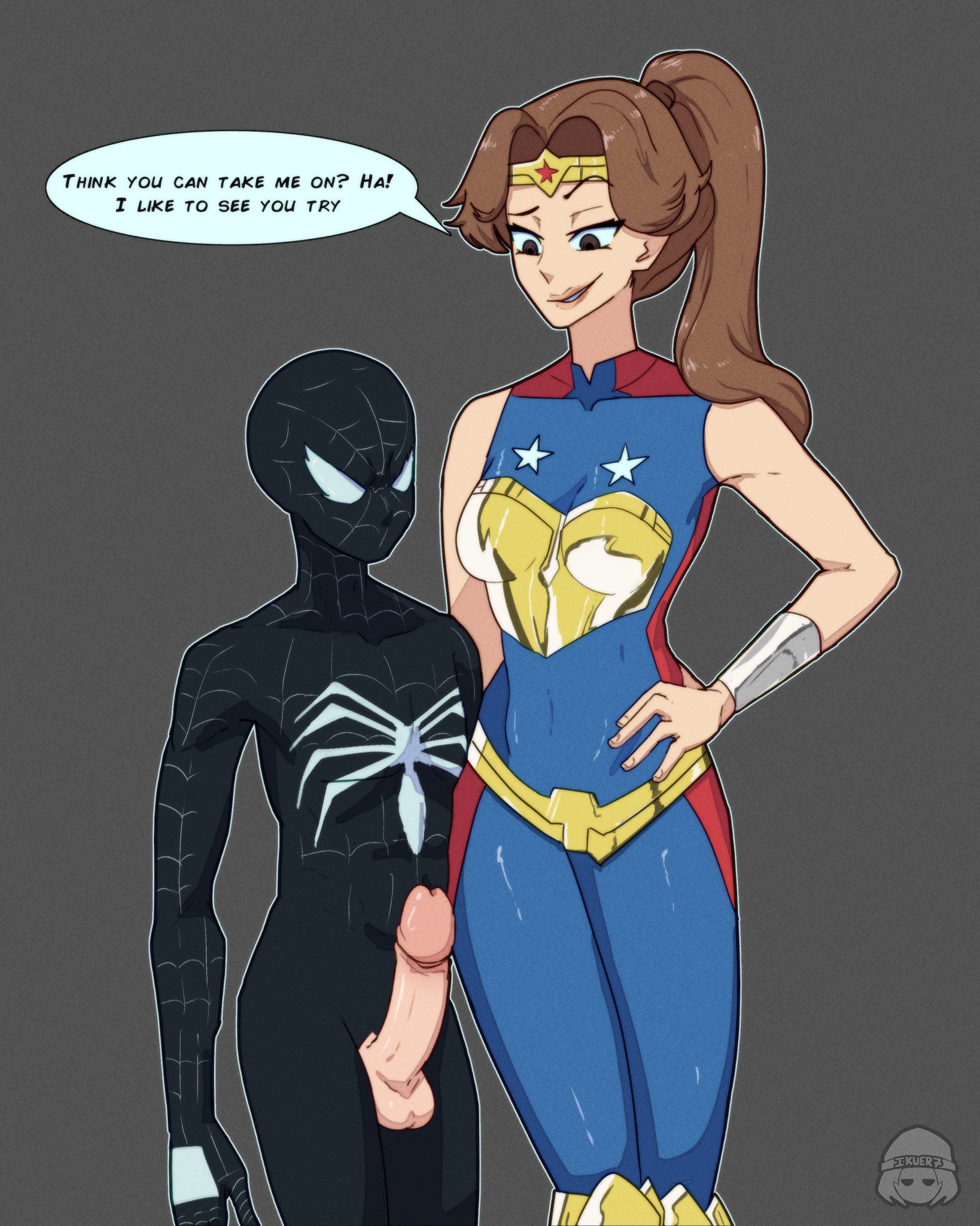1boy, 1girls, angry face, bad id, big penis, bracelets of submission, breasts, brown eyes, brown hair, cock out, cocky, cocky smile, crossover, dc, dc comics, dc vs. marvel, dead source, dialogue, dick out, english text, erect penis, erection, female, ikuer7, imminent sex, large penis, lizzie prince, long hair, male, marvel, marvel comics, penis, ponytail, richard parker ii, smaller male, smile, spider-man, spider-man (series), taller female, text, trinity (dc), ultimate marvel (2024), ultimate spider-man (2024), wonder woman (series)