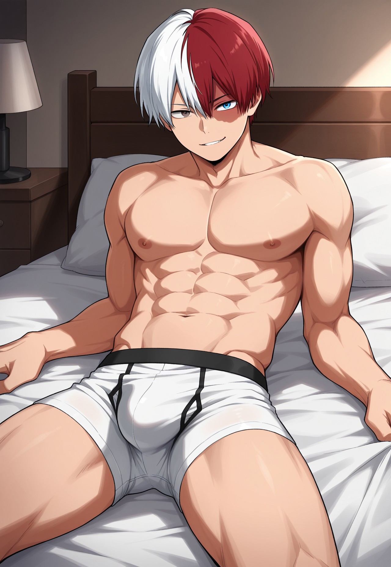 1boy, abs, ai generated, arm support, blue eyes, boku no hero academia, boxer briefs, boxer briefs only, bsky link, bulge, burn scar, civitai, dvxxxgrai, gay, grey eyes, heterochromia, illustrious (stable diffusion), lying on bed, male, male only, male underwear, multicolored hair, muscular, muscular male, my hero academia, navel, nipples, nude, red hair, shouto todoroki, smile, solo, solo male, split-color hair, tagme, todoroki shouto, two-tone hair, underwear, underwear only, white hair, white male underwear, yaoi