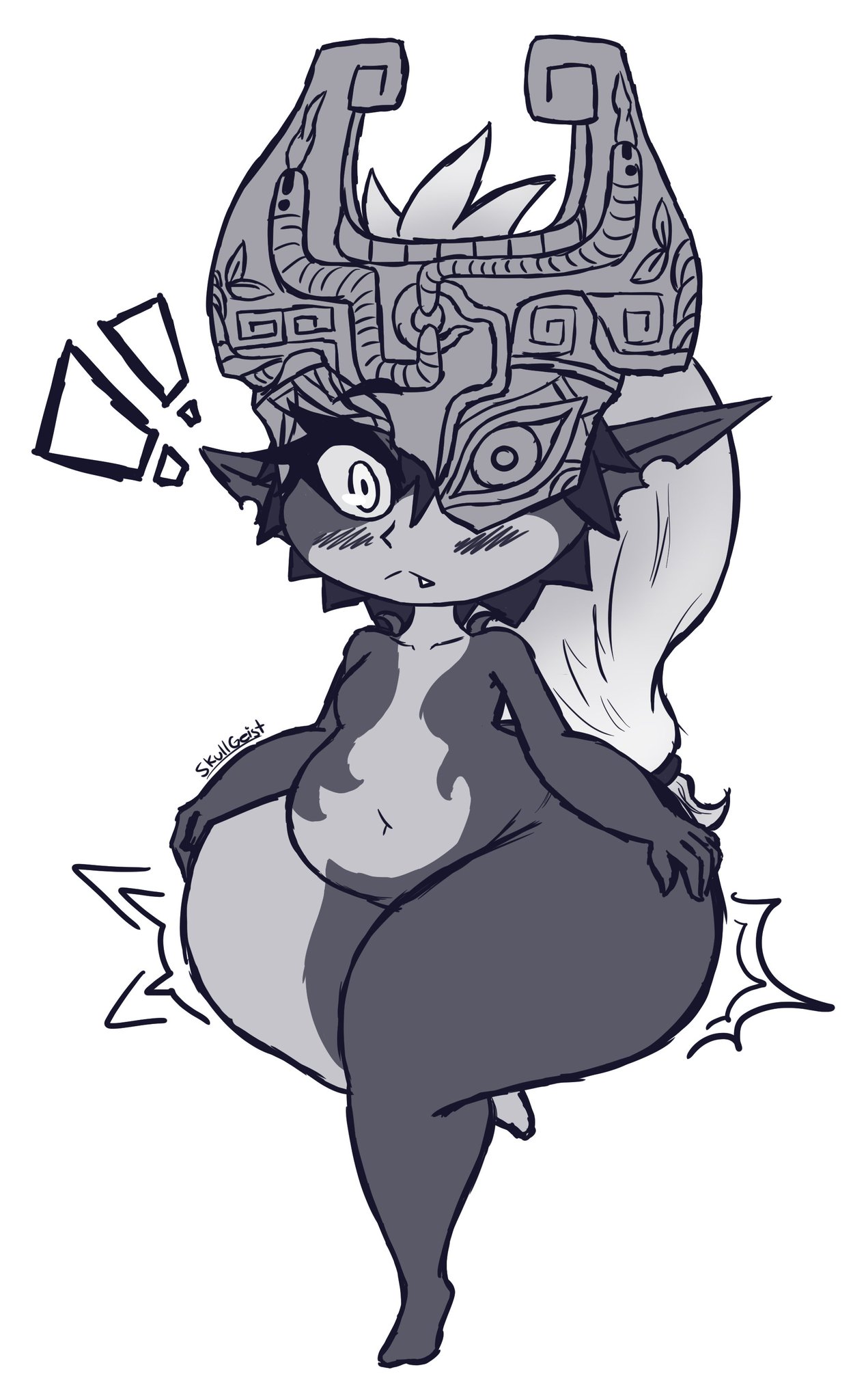 ass expansion, blush, embarrassed, embarrassed expression, embarrassed female, embarrassed naked female, embarrassed nude female, eyelashes, female, hyper thighs, imp midna, midna, monochrome, shaded, skullgeist, source request, the legend of zelda, thick thighs, twilight princess, wide hips