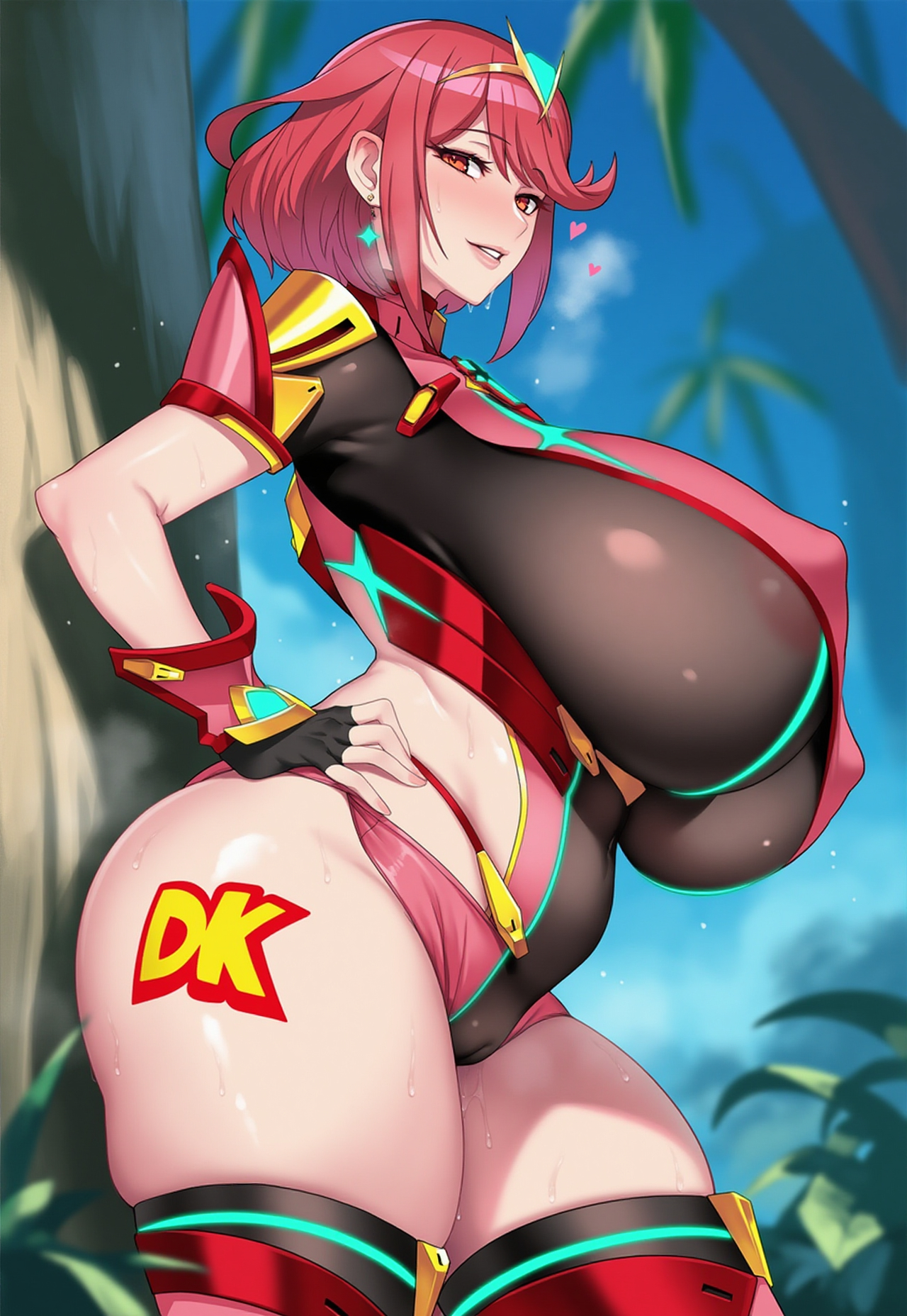 1girls, ai generated, areolae, ass, big ass, big breasts, big butt, bimbo, bodysuit, breasts, busty, dk tattoo, earrings, female, heart, huge ass, huge breasts, jungle, large ass, large breasts, nintendo, pyra, pyra (xenoblade), red eyes, red hair, short hair, sweat, sweaty, thick ass, thick legs, thick thighs, xenoblade (series), xenoblade chronicles 2, zenndiagram