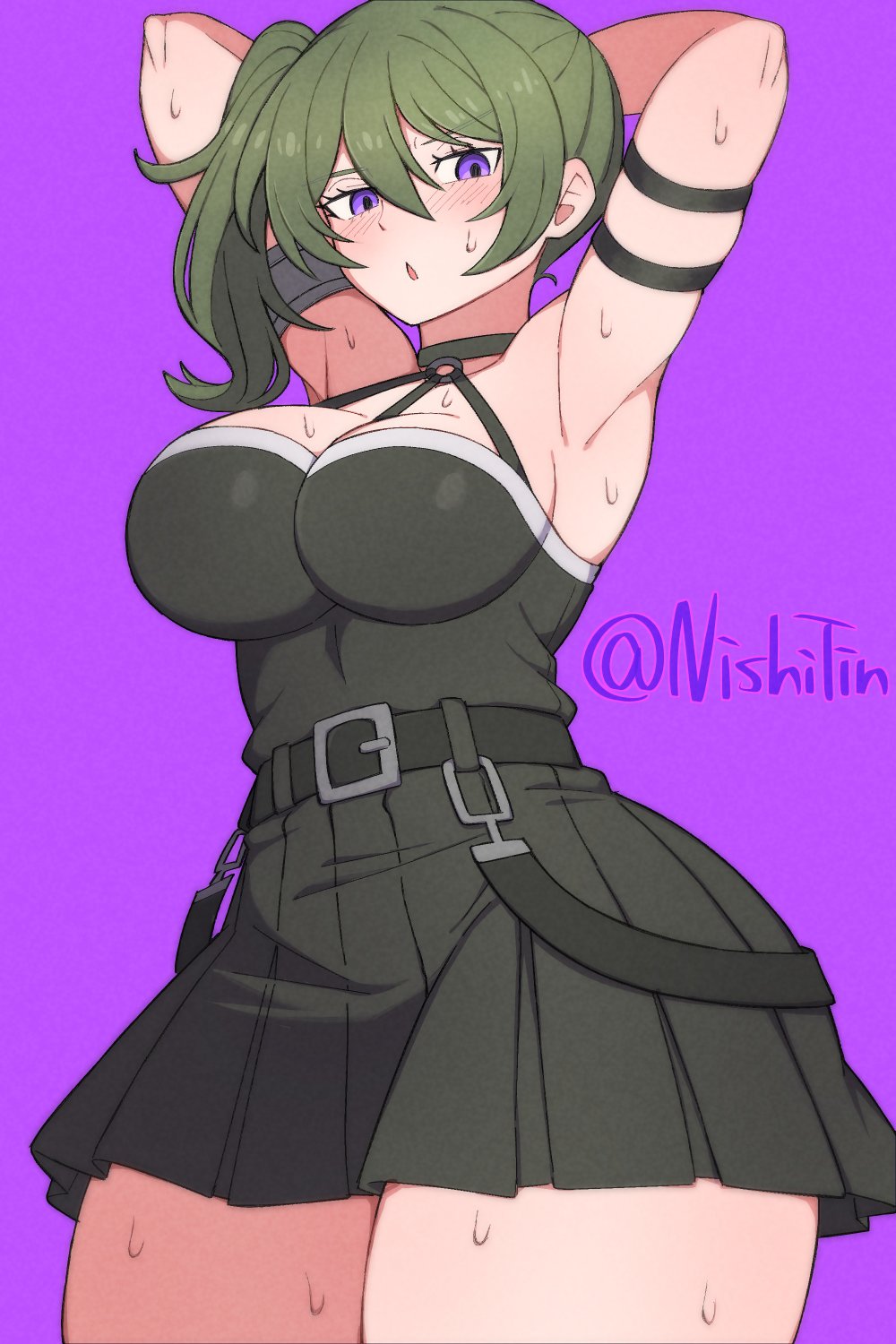 armpits, arms up, big thighs, breasts, dark green hair, female, female only, green hair, nishitin, purple eyes, sousou no frieren, sweatdrop, ubel (sousou no frieren)