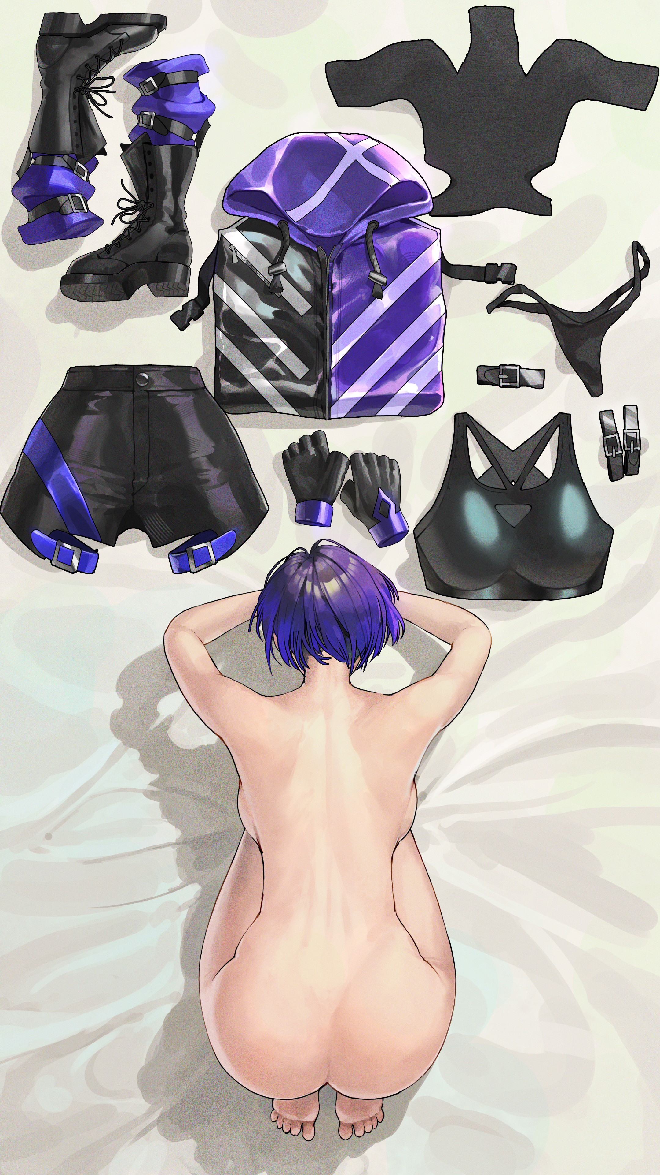 1girls, 2d, 2d (artwork), clothes on floor, completely nude, dogeza, female, female only, kneeling, naked, nude, panties, purple hair, reina mishima, solo, tekken, tekken 8, thong
