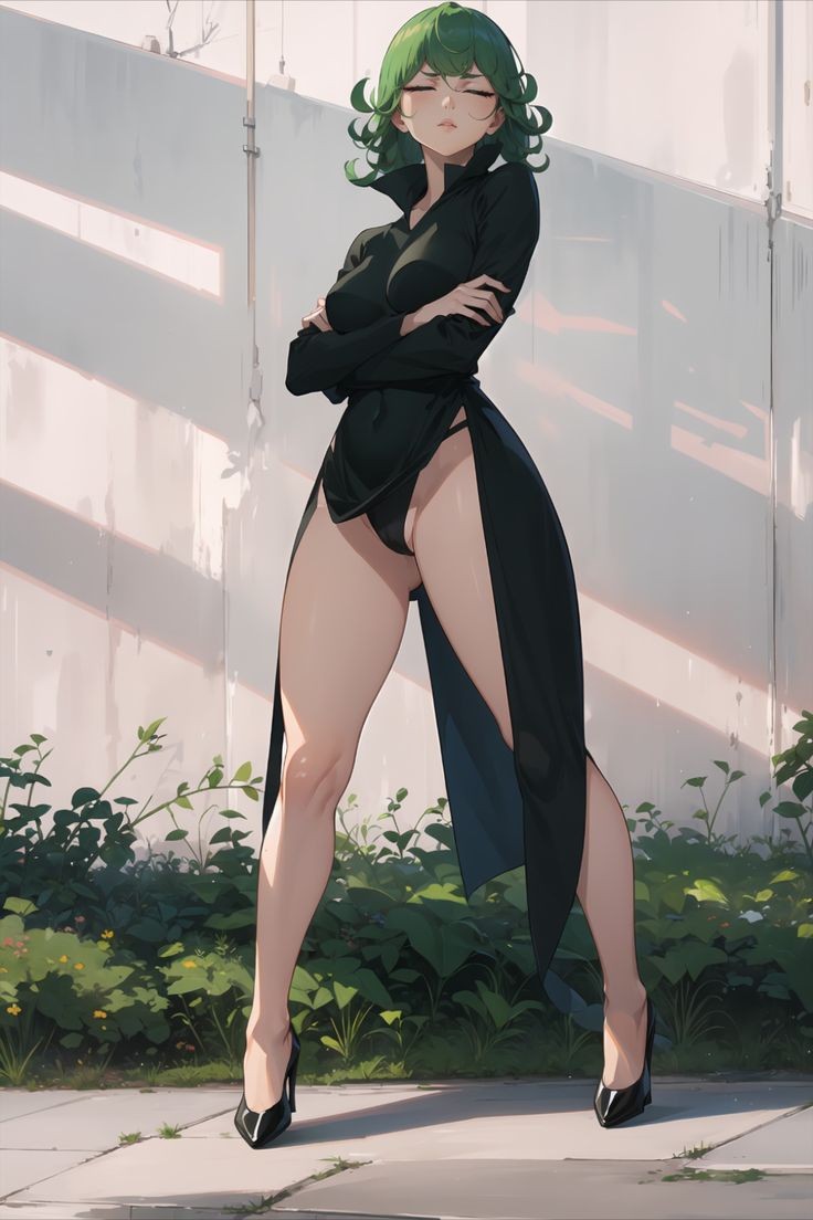 1girls, ai generated, black panties, female, female only, green hair, long legs, one-punch man, solo, tatsumaki