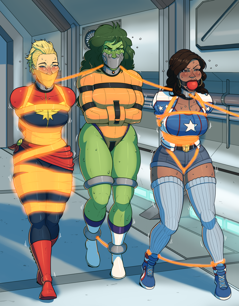 3girls america_chavez ankle_cuffs arms_behind_back avengers ball_gag big_breasts blonde_hair bondage boots brown_hair brunette captain_marvel carol_danvers collar cuffs dark-skinned_female dark_skin female female_only femsub gag gagged green-skinned_female green_hair green_skin hoop_earrings hulk_(series) jean_shorts linked_collar marvel marvel_comics miss_america miss_america_chavez multiple_girls multiple_subs she-hulk shoes shorts skelebomb straitjacket superheroine sweat thick_thighs thigh_socks thighs tied_up