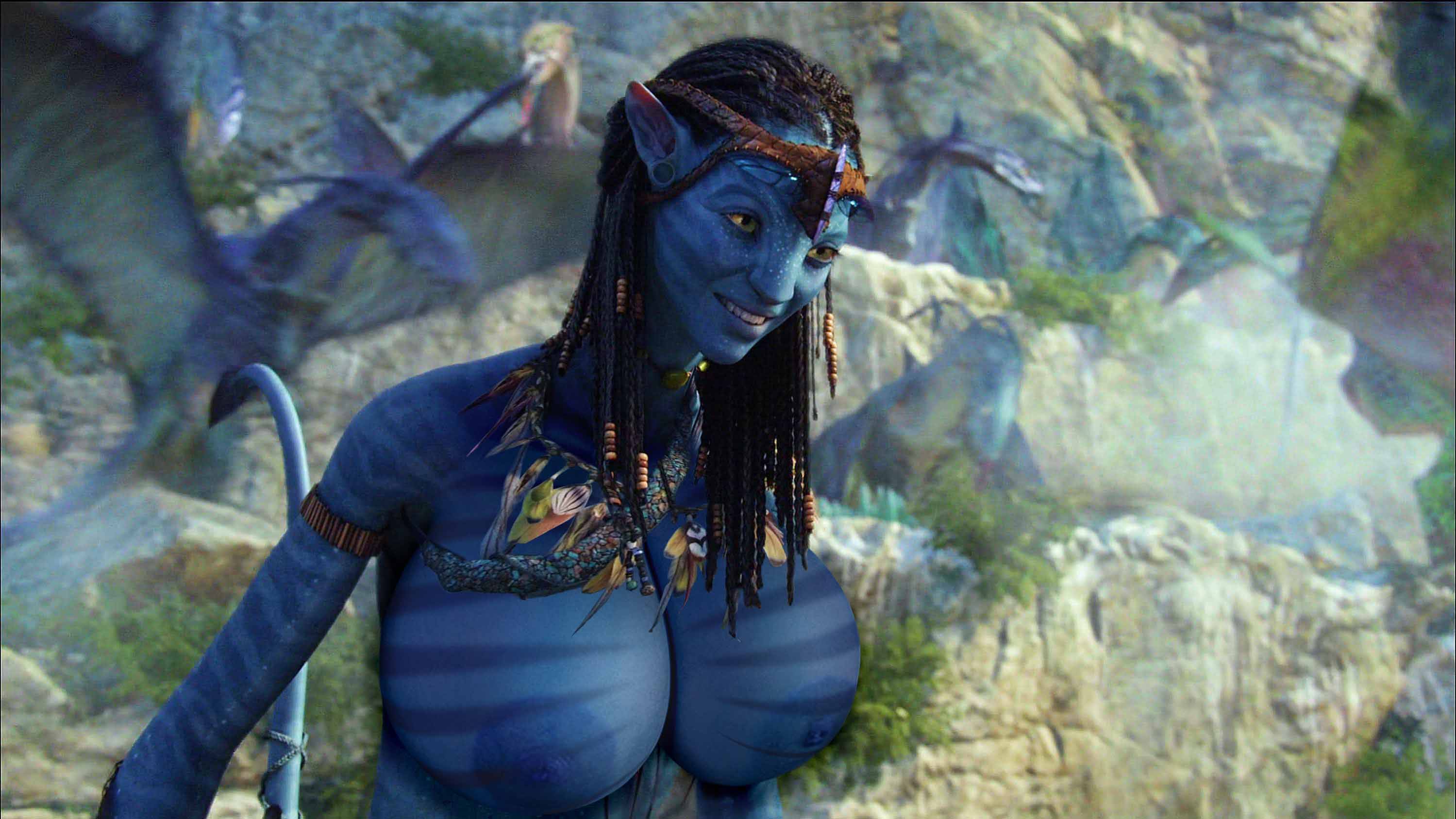 1girls, alien, alien girl, alien only, anthro, avatar, breasts, btaco6, edited, female, furry, huge breasts, huge nipples, hyper, hyper breasts, na'vi, necklace, neytiri, nude, smile, solo female, tribal