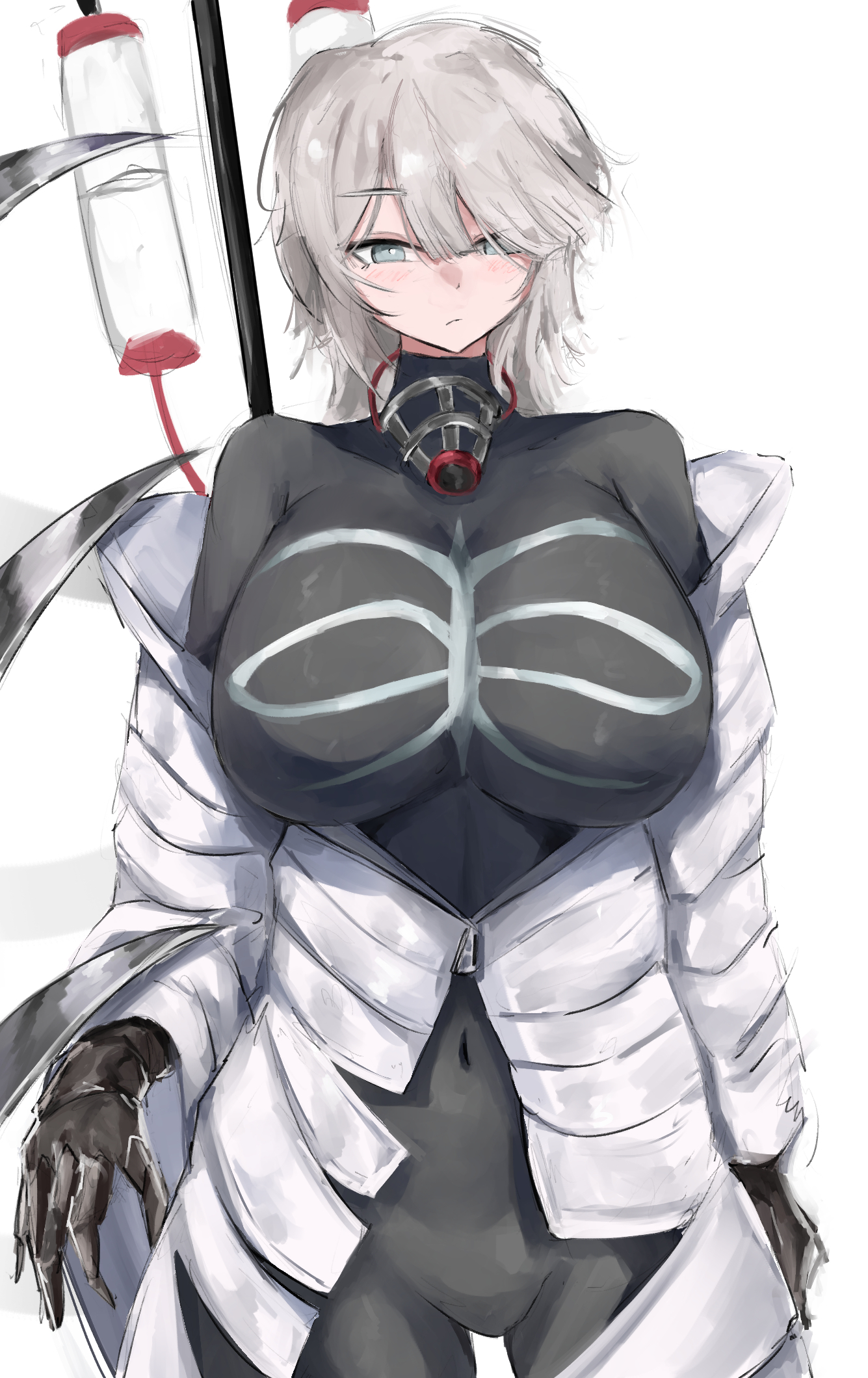 1girls, black bodysuit, blue eyes, blush, bodysuit, bright pupils, e.g.o (project moon), eyebrows visible through hair, faust (limbus company), female, female only, hair between eyes, hair over one eye, jacket, limbus company, navel, navel visible through clothes, neutral expression, off shoulder, possessed, possession, project moon, short hair, skindentation, solo, white hair, www1 (artist)