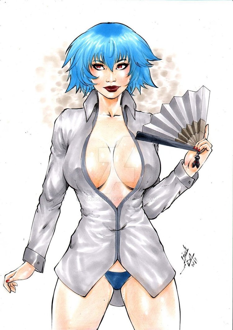 2017 big_breasts blue_hair blue_panties breasts busty cleavage curvaceous curvy dated deviantart ed_benes_studio eyeshadow fan grey_shirt hand_fan holding_fan infinite_stratos lanio_sena large_breasts mascara nail_polish no_bra open_shirt panties red_eyes red_lips red_lipstick red_nail_polish red_nails sarashiki_tatenashi shirt short_hair signature simple_background thighs voluptuous watermark white_background