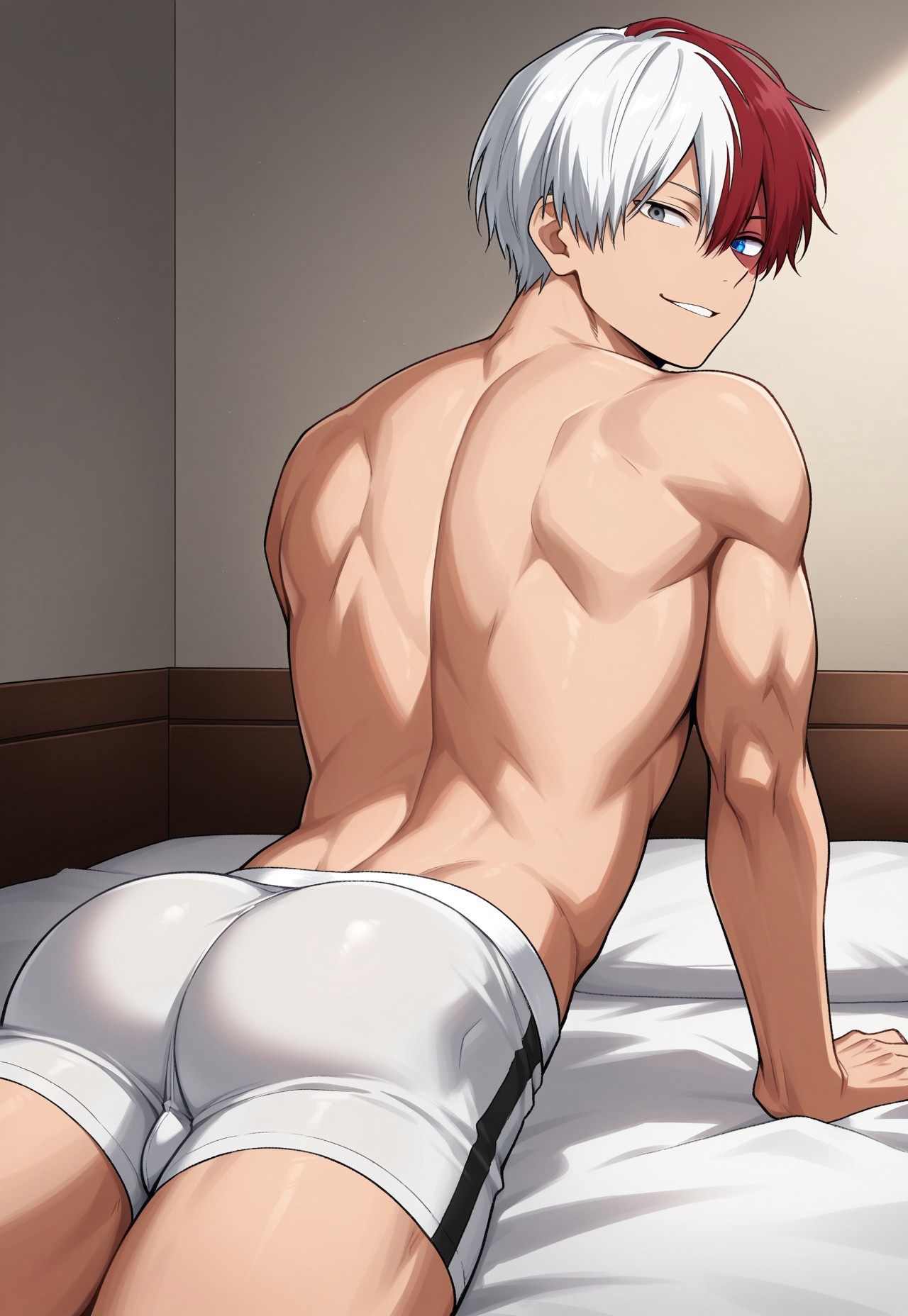 1boy, ai generated, arm support, ass, blue eyes, boku no hero academia, boxer briefs, boxer briefs only, bsky link, bulge, burn scar, civitai, dvxxxgrai, gay, grey eyes, heterochromia, illustrious (stable diffusion), looking back, lying on bed, male, male only, male underwear, multicolored hair, muscular, muscular male, my hero academia, navel, nude, red hair, shouto todoroki, smile, solo, solo male, split-color hair, tagme, todoroki shouto, twitter link, two-tone hair, underwear, underwear only, white hair, white male underwear, yaoi
