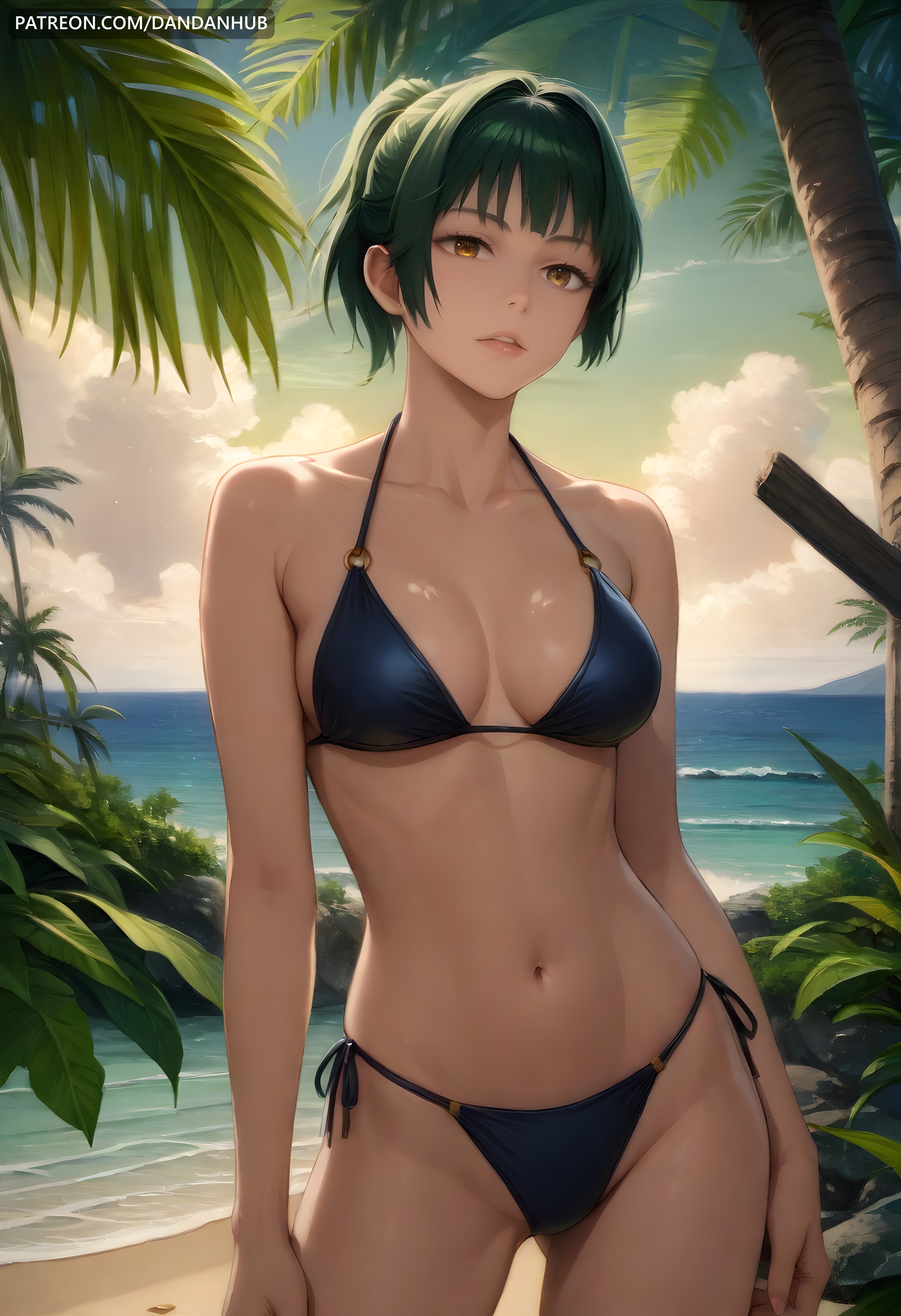 ai generated, arms at sides, ass visible through thighs, bangs, bare shoulders, beach, bikini, blue bikini, breasts, brown eyes, cloud, collarbone, cowboy shot, dandanhub, day, female, green hair, halterneck, jujutsu kaisen, lips, looking at viewer, medium breasts, navel, o-ring, ocean, outdoors, palm tree, parted lips, ponytail, sand, short hair, side-tie bikini bottom, sky, solo, standing, stomach, string bikini, swimsuit, tree, water, yellow eyes, zenin maki