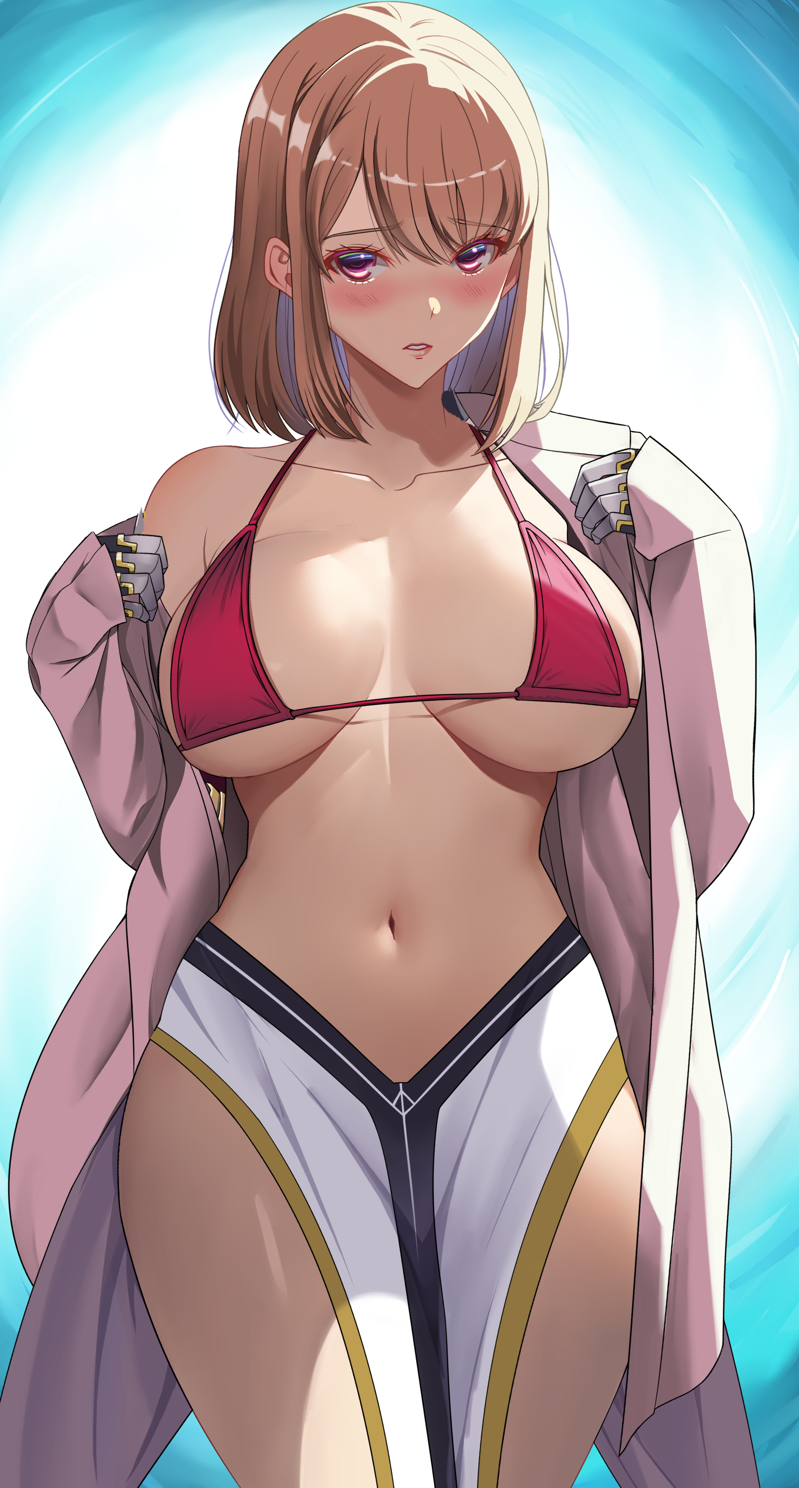 1girls, 2d, 2d (artwork), 2d artwork, akihiro0920, armored female, armored gloves, background, big boobs, big breasts, big tits, bikini, bikini top, blonde, blonde female, blonde hair, blonde-haired female, blue background, blush, blushing, blushing at viewer, blushing female, boobs, breasts, cha hae in, embarrassed, embarrassed female, female, female focus, female only, gate, hi res, high quality, high resolution, highres, huge breasts, large boobs, large breasts, large tits, light skin, light-skinned female, looking at viewer, purple eyes, purple-eyed female, red bikini, red bikini top, solo, solo female, solo focus, solo leveling, thick thighs, thighhighs, thighs, tits, twitter