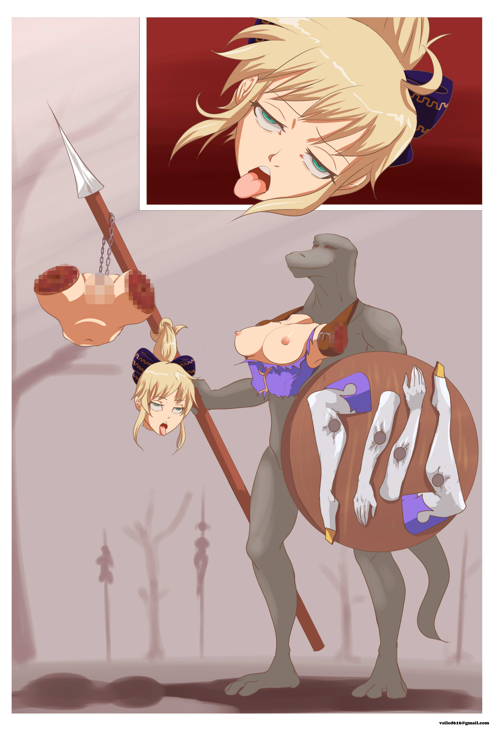 amputation, bisected, blonde hair, breasts, breasts out, cassandra alexandra, censored, censored guro, censored pussy, death, decapitation, female, female death, gore, green eyes, guro, impaled, leotard, limbless, lizardman (soulcalibur), mosaic censoring, nipples, open mouth, shield, soul calibur, spear, sword, thigh boots, veiled616