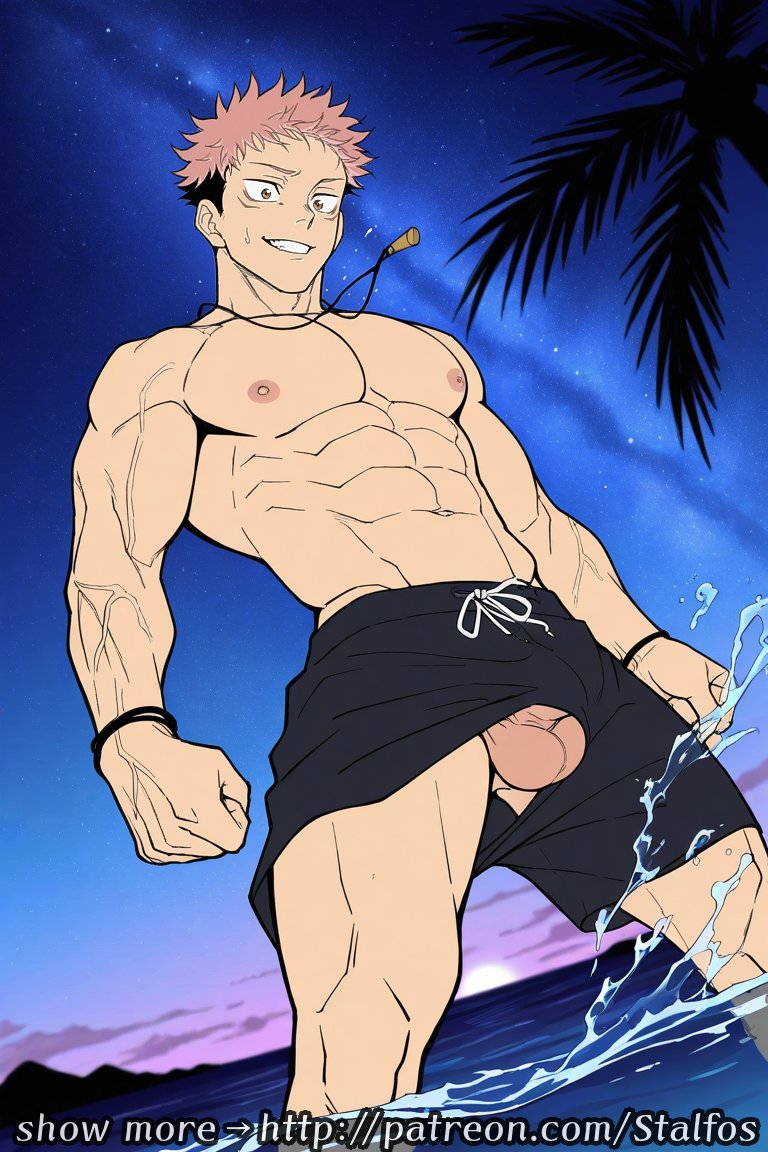 ai generated, bara, gay, itadori yuuji, jujutsu kaisen, male, male focus, male only, penis, stalfos, yaoi