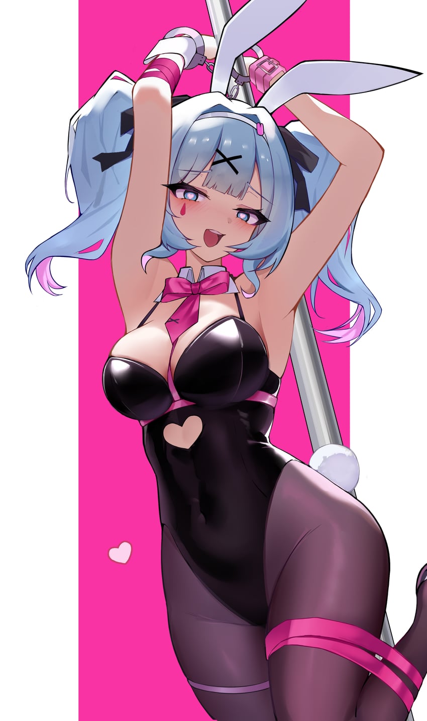 :d, 1girl, 1girls, animal ears, armpits, arms up, artist request, bangs, black leotard, blue eyes, blue hair, blush, bow, bowtie, breasts, cleavage, clothing cutout, covered navel, detached collar, fake animal ears, female, hair ornament, hair ribbon, hairband, hatsune miku, heart, heart-shaped pupils, large breasts, leotard, long hair, looking at viewer, multicolored hair, open mouth, pantyhose, pink background, pink bow, pink bowtie, pink hair, playboy bunny, pole, pole dancing, rabbit ears, rabbit hole (vocaloid), rabbit tail, ribbon, smile, solo, symbol-shaped pupils, tagme, tail, thigh strap, twintails, virtual youtuber, vocaloid, wrist cuffs, x hair ornament
