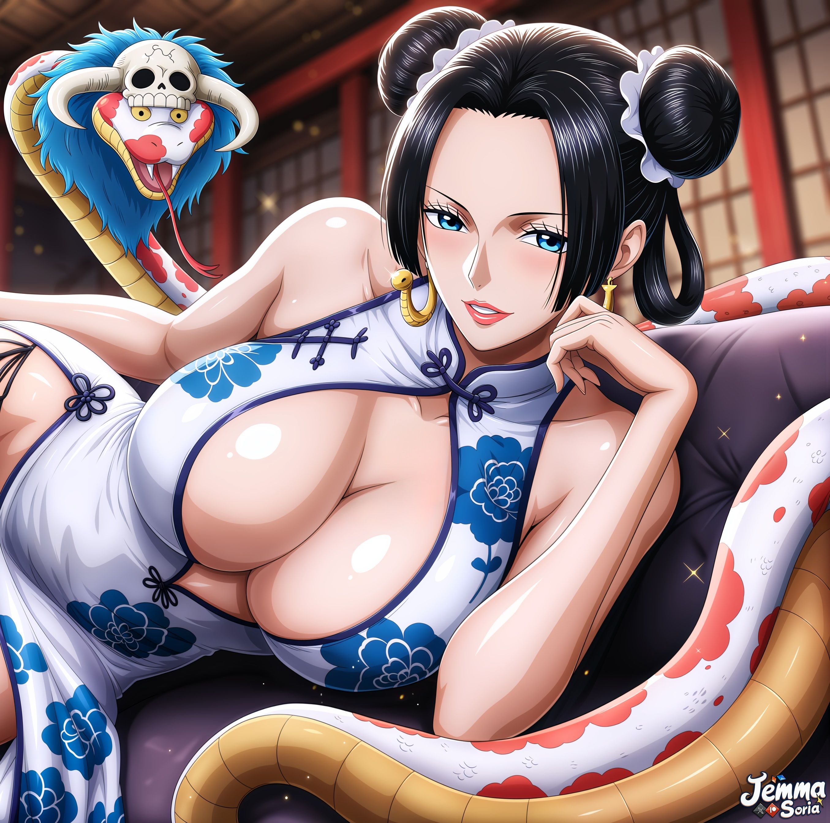 1girls, ai generated, black hair, black-haired female, blue eyes, boa hancock, breasts, chinese dress, clothing, female, female only, giant snake, jemmasoria, large breasts, looking at viewer, not real art, one piece, salome (one piece), snake
