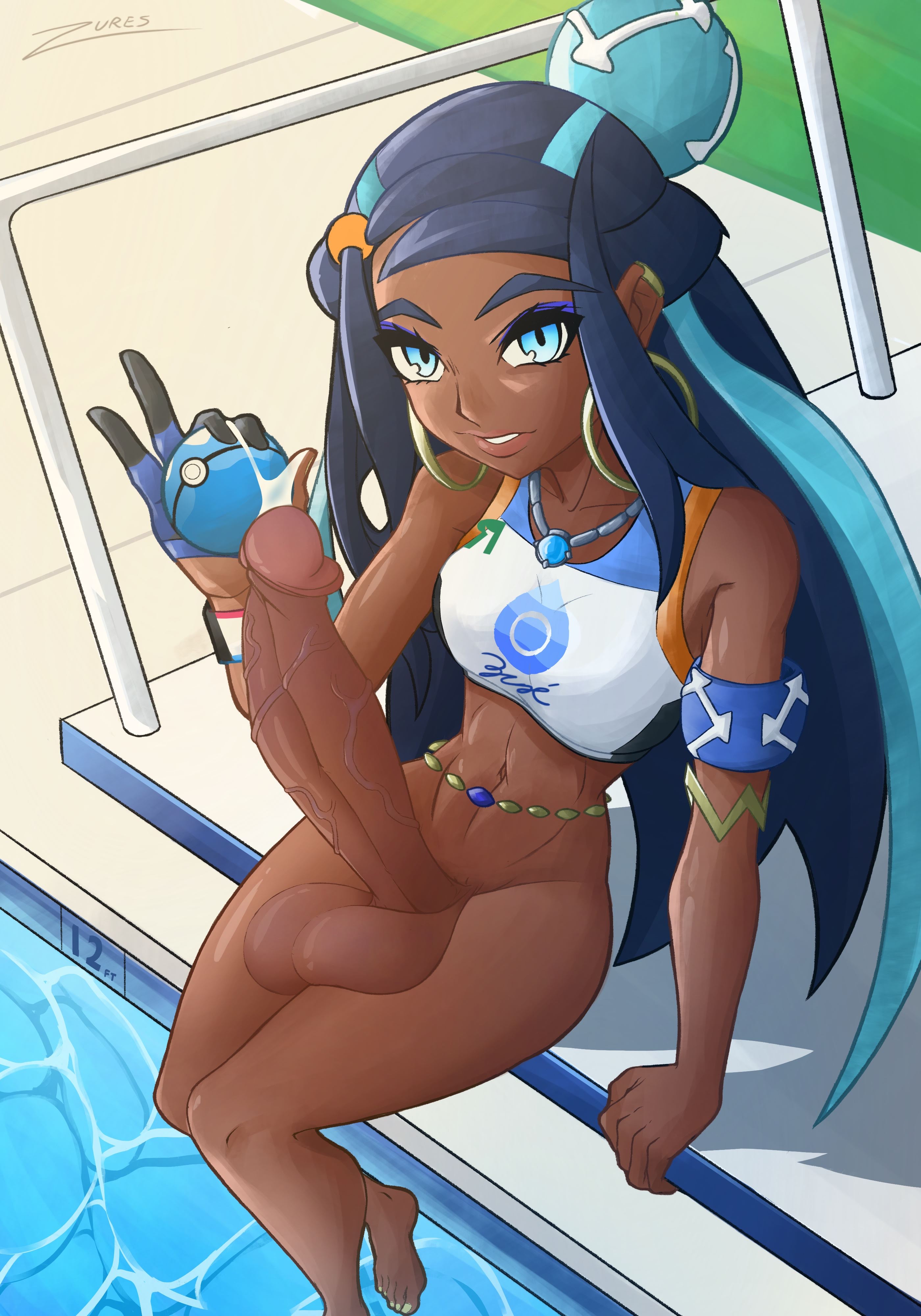 1futa, abs, bad id, balls, blue eyes, blue hair, bottomless, bracelet, brown skin, color, dark skin, dive ball, earrings, erection, feet, flat chest, full-package futa, futa only, futanari, gloves, gym leader, huge penis, human, intersex, large balls, long penis, necklace, nessa (pokemon), nintendo, outdoors, penis, poke ball, pokemon, pokemon ss, pool, precum, precum drip, shirt, sitting, smile, solo, swimming pool, swimsuit, tan, text, thick penis, thin waist, toes, veins, veiny penis, watermark, wide hips, zures
