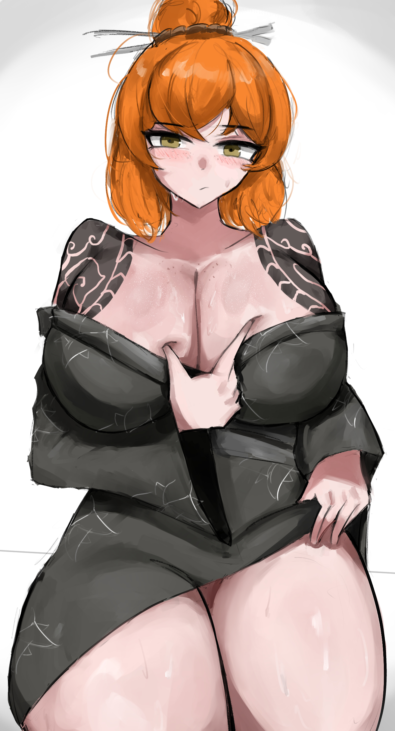 bare legs, blush, breasts, breasts bigger than head, busty, cleavage, female, freckles, freckles on breasts, freckles on face, hair bun, hair stick, huge breasts, irezumi, ishmael (limbus company), japanese text, kimono, kurokumo clan (identity) (project moon), light skin, light-skinned female, limbus company, looking at viewer, off shoulder, orange hair, project moon, shiny skin, simple background, sweat, sweatdrop, sweaty body, sweaty breasts, tattoo, thick thighs, tied hair, white background, wide hips, www1 (artist), yakuza tattoo