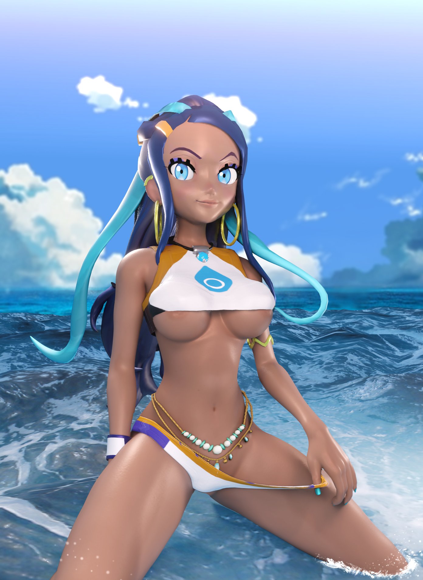 1girls, 3d, adapted costume, areolae, ass, bad id, belly, big breasts, blue eyes, blue hair, blue nails, breasts, cleavage, clothed, clouds, crisisbeat, dark skin, dark-skinned female, day, earrings, female, female only, gym leader, human, kneeling, looking at viewer, midriff, nail polish, navel, nessa (pokemon), nintendo, nipples, outdoors, panties, panty pull, pokemon, pokemon ss, shirt, sky, solo, spread legs, text, thick thighs, underboob, water, watermark