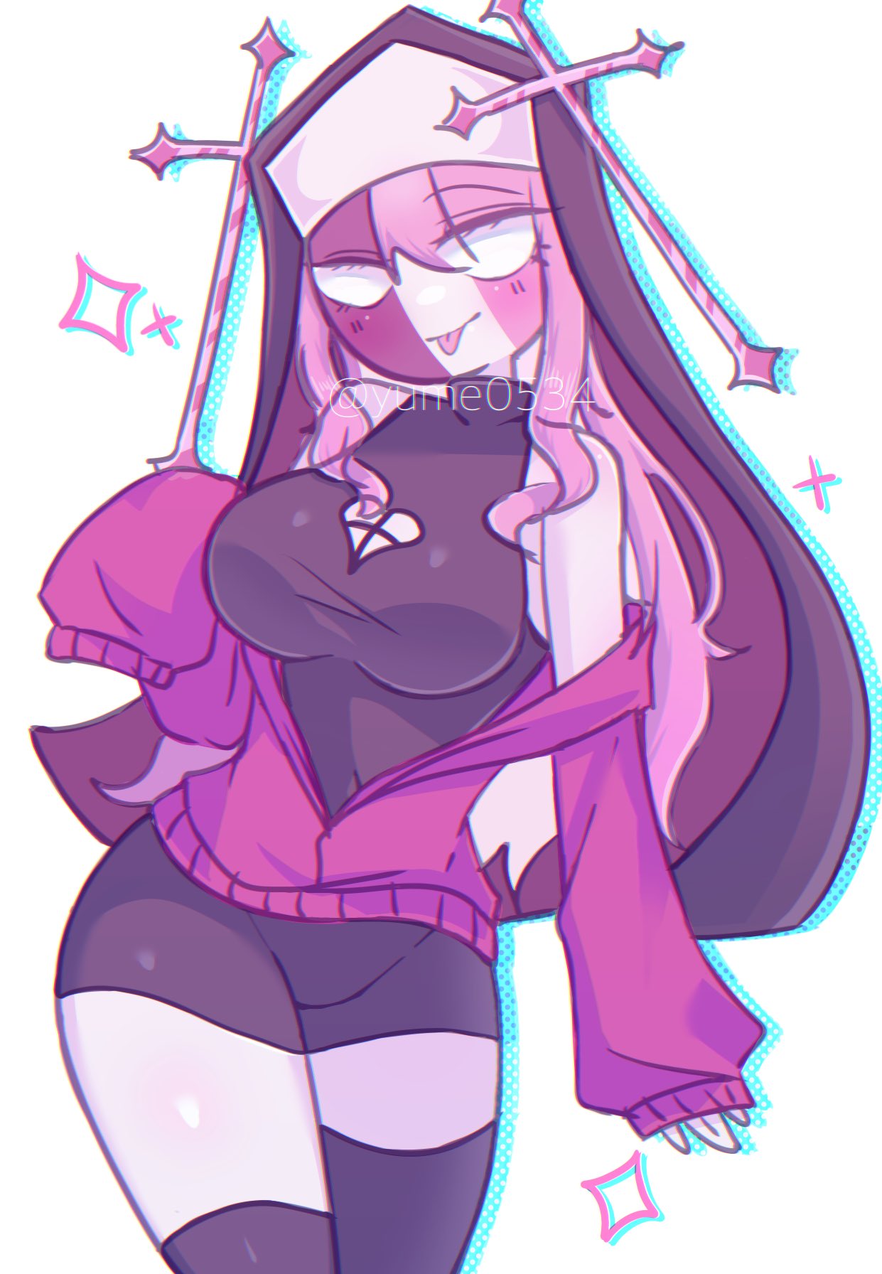 big_breasts boob_window cute friday_night_funkin friday_night_funkin_mod leotard long_hair nun nun_outfit pink_hair sarvente_(dokki.doodlez) simple_background simple_shading sweater thick_thighs thighhighs tongue_out white_body white_eyes yume0534