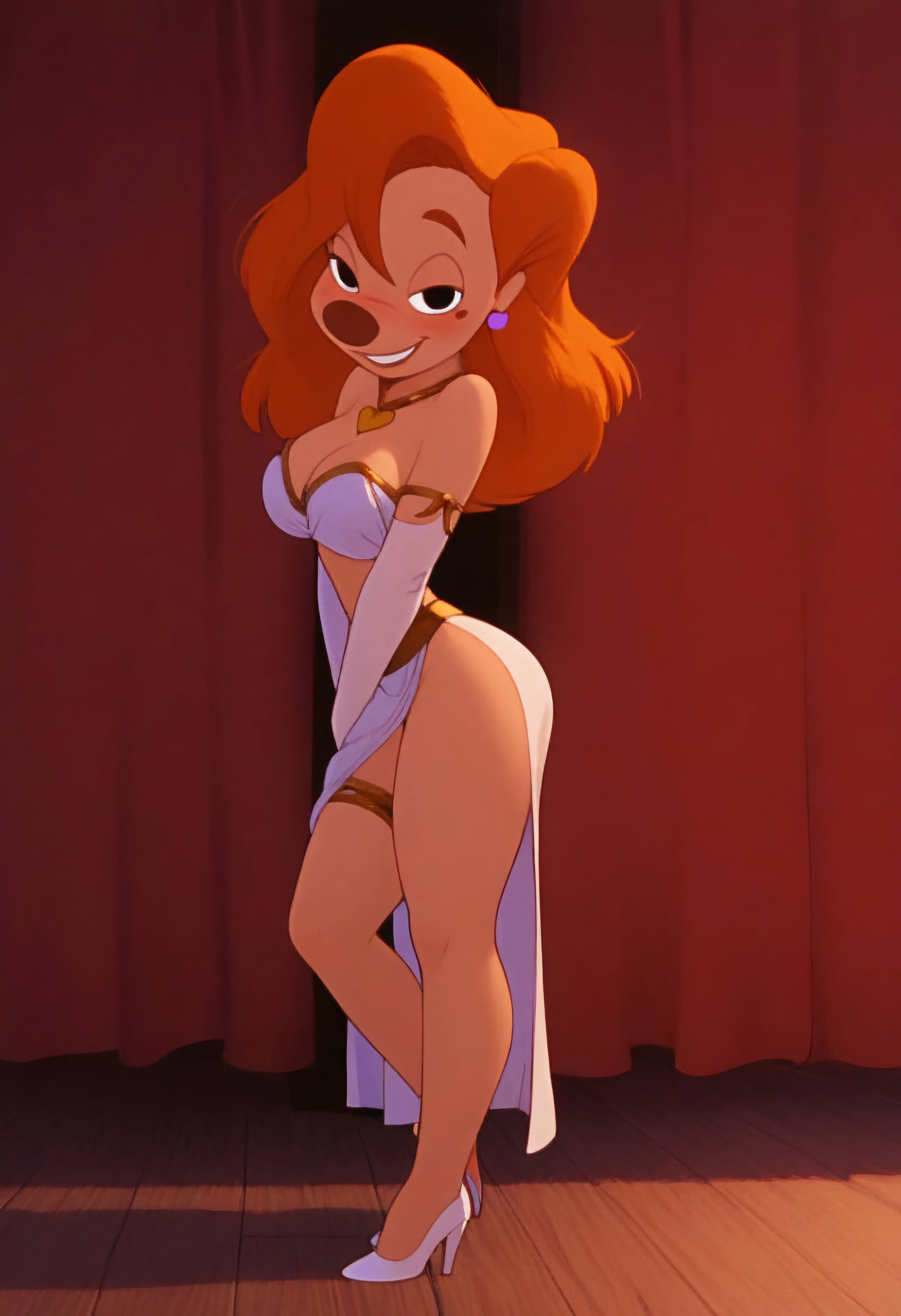 a goofy movie, ai generated, beauty mark, discipleofsephiroth, disney, earrings, female, high heels, necklace, roxanne (goof troop), tagme
