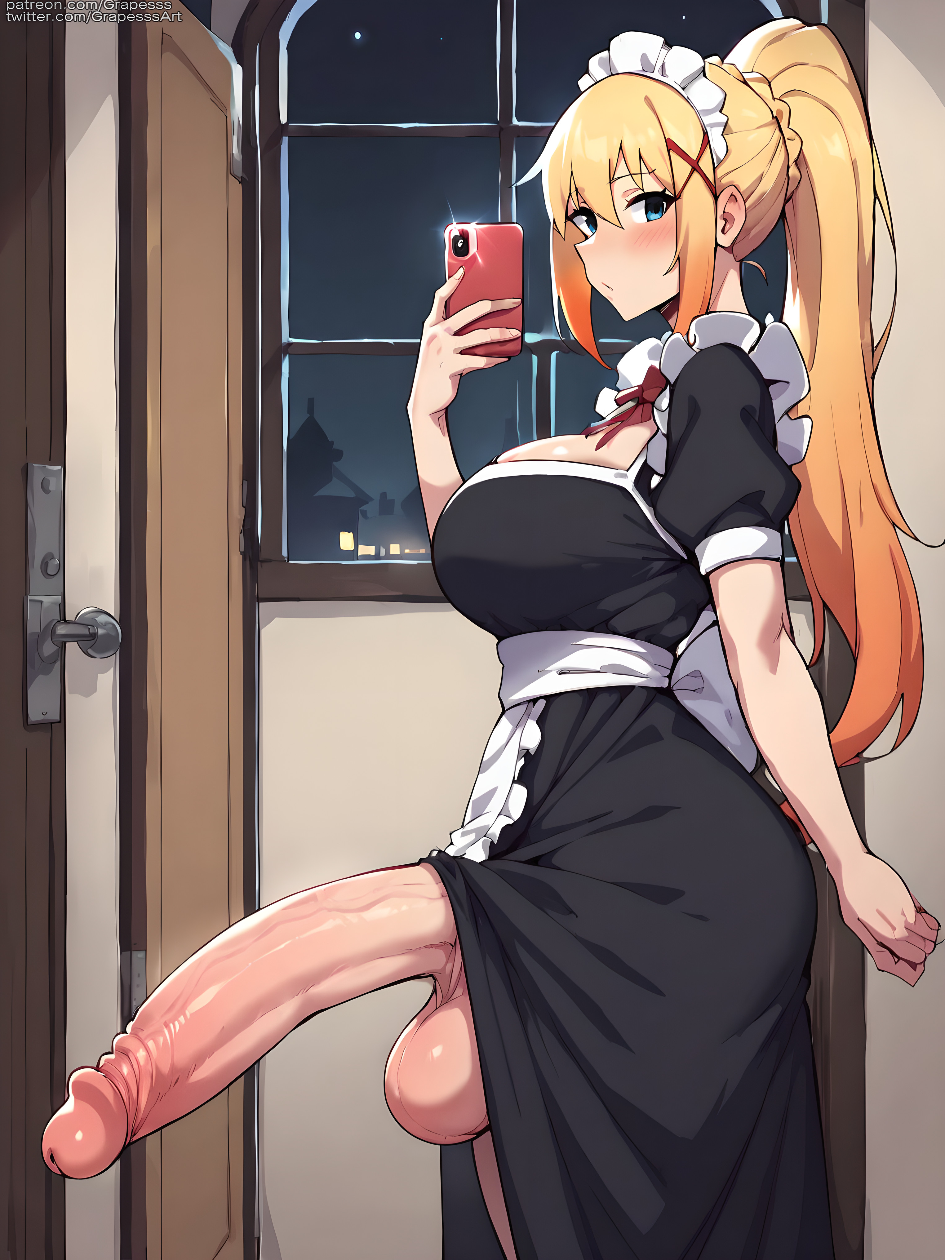 1futa, ai generated, ass, balls, big ass, big balls, blush, breasts, darkness (konosuba), erect penis, erection, female, foreskin, futa only, futanari, grapesss, huge breasts, huge cock, intersex, kono subarashii sekai ni shukufuku wo!, large penis, looking at viewer, navel, nude, penis, testicles, thighs, uncensored, uncircumcised, veins, veiny penis