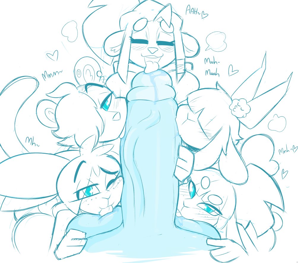 1boy, 5girls, abbi (kilinah), blowjob, blowjob focus, faceless male, female, fur, furry, huge cock, kilinah, male, oral, oreo (kilinah), original, original character, original characters, penis, petal (kilinah), shen (kilinah), tagme, yvette (kilinah)