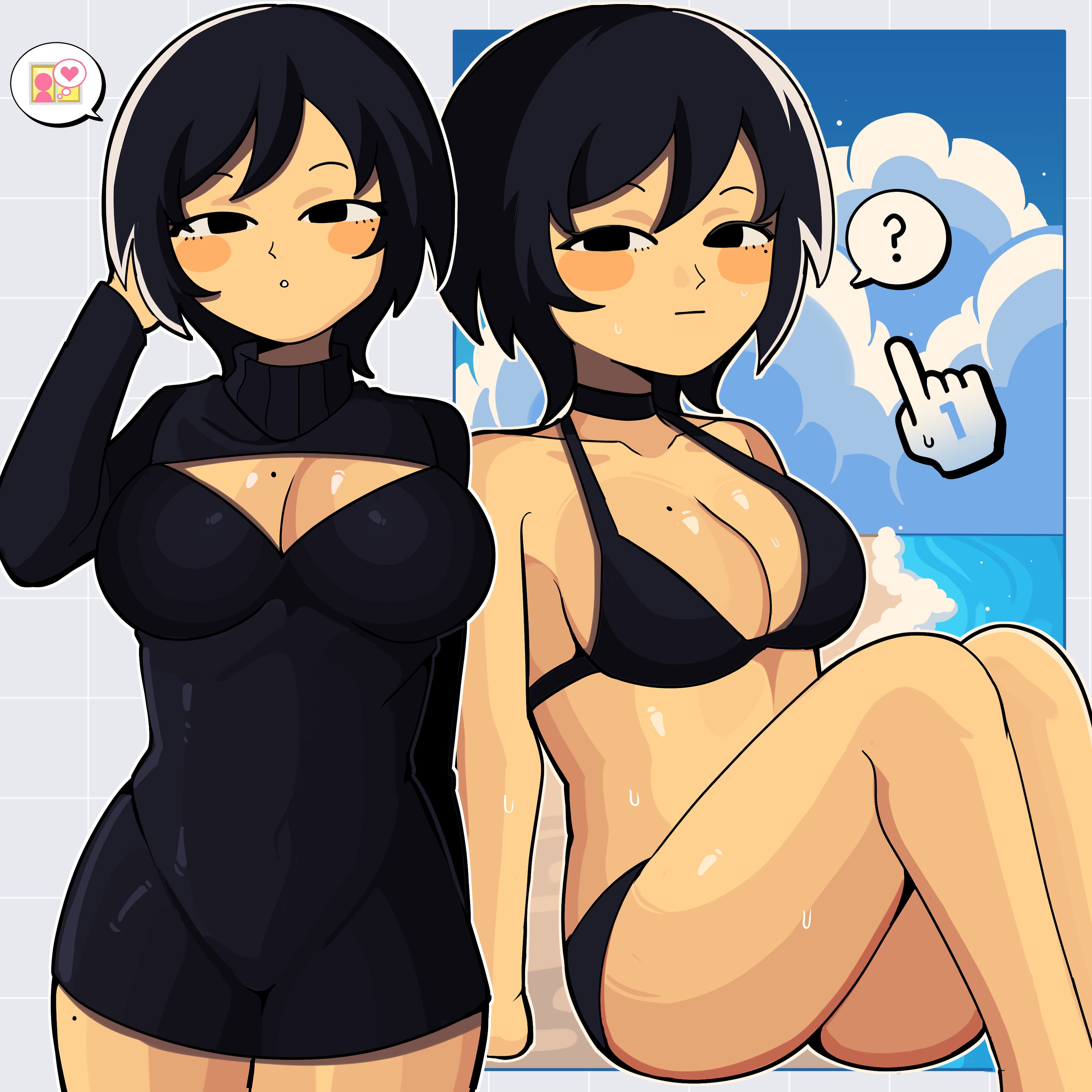 ?, 1girls, ass, ava (gazoogaloo), beach, bikini, black hair, black sweater, bobamirukuu, cleavage, cleavage cutout, clouds, digital media (artwork), looking at viewer, mii, mole, mole on breast, mole on thigh, nintendo, oc, shiny skin, sitting, sweat, sweater dress, text bubble