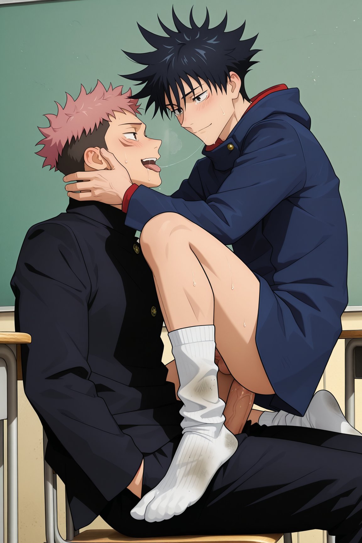 2boys, ai generated, anal penetration, ass, bara, black hair, classroom, dirty socks, fushiguro megumi, gay, gay sex, itadori yuuji, jujutsu kaisen, leaftomoya, male, male focus, male only, male/male, penis, penis in ass, pink hair, saliva string, school uniform, schoolboy, socks, yaoi