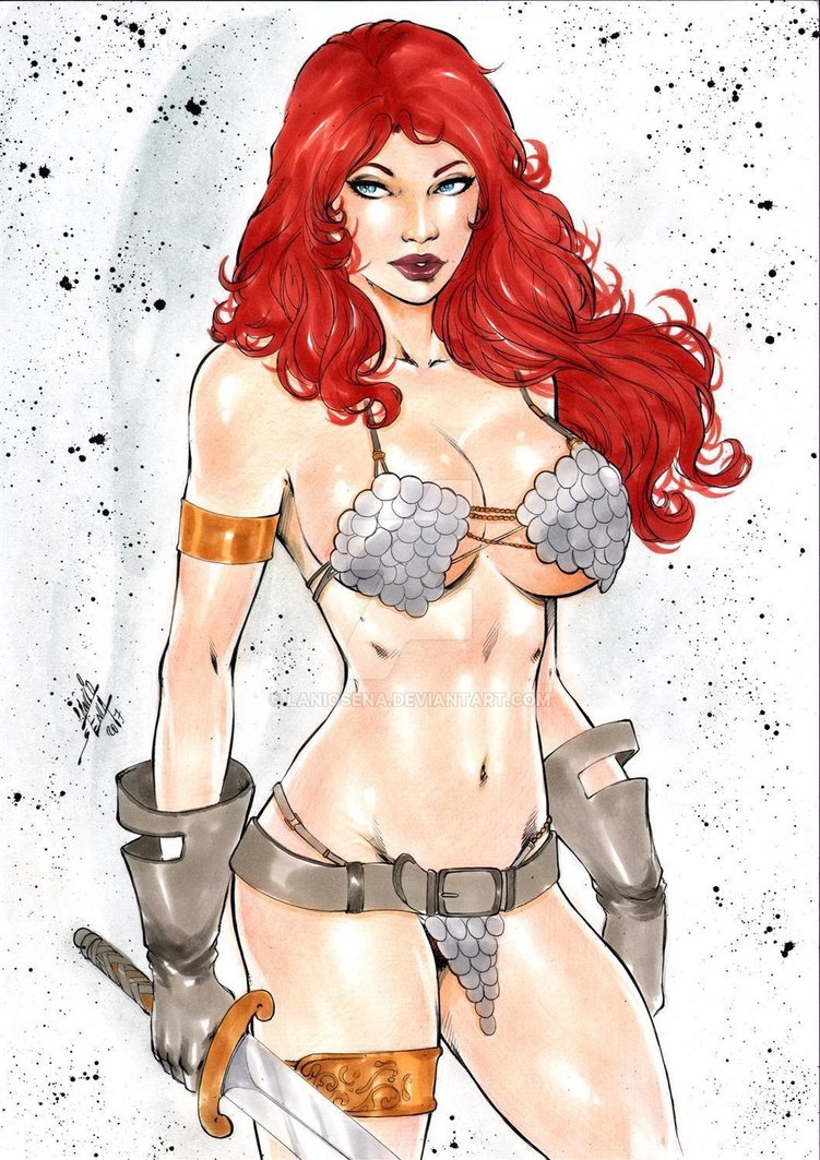 1girls 2017 abstract_background armor belly_button big_breasts bikini_armor blue_eyes breasts busty chainmail chainmail_bikini chainmail_bra chainmail_panties conan_the_barbarian_(series) curvaceous curvy dated deviantart dynamite_comics ed_benes_studio eyeshadow female female_only flowing_hair gloves grey_gloves holding_sword holding_weapon human lanio_sena large_breasts leather_gloves loincloth long_hair makeup mascara metal_bikini metal_bra metal_underwear midriff navel pinup red_hair red_lips red_lipstick red_sonja red_sonja_(comics) revealing_clothes signature skimpy_clothes solo stomach sword thick_thighs thighs voluptuous warrior watermark weapon