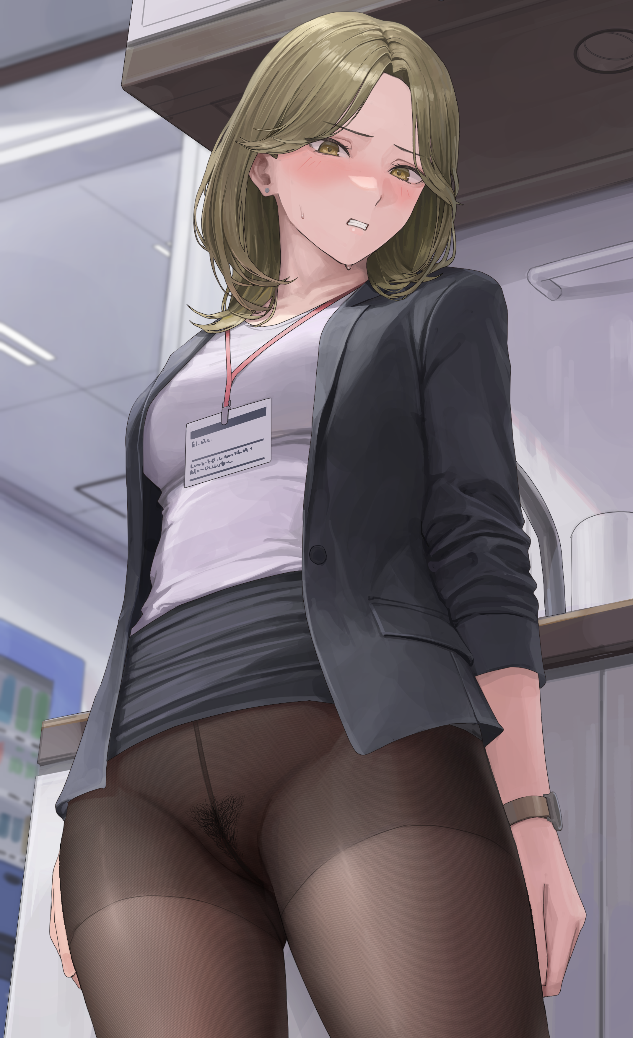 1girls, ano (gccx8784), blush, female, female only, female pubic hair, from below, hi res, highres, indoors, light skin, light-skinned female, looking at viewer, miniskirt, no panties, office lady, original, pubic hair, pussy, see-through, skirt, solo, solo female, standing, sweat, sweatdrop, thighs, trimmed pubic hair, wristwatch