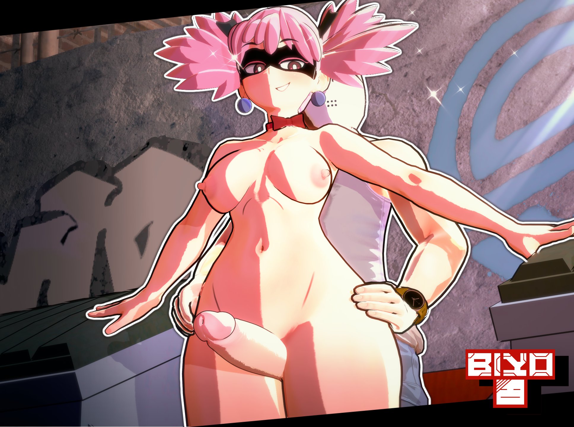 3d, biyo, boku no hero academia, female, female focus, haneyama kazuho, light skin, light-skinned female, male, my hero academia, pale skin, pale-skinned female, penis, pink hair, pop step, solo focus, thick thighs, thigh strap, thighs, vigilante: my hero academia illegals
