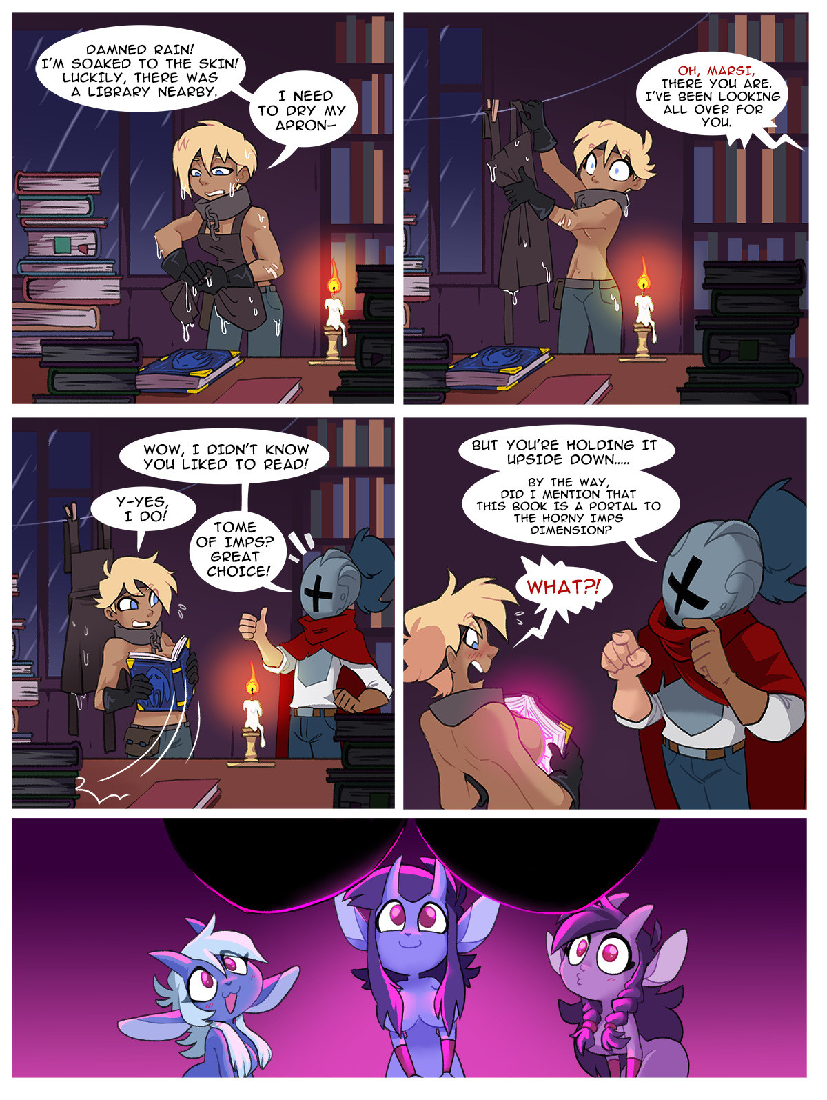 4girls, breasts, comic, english text, female, first porn of character, first porn of franchise, goblin, gunslinger (princess hunter), huffslove, ouch meme, princess hunter, princesshunter, speech bubble, tagme, text, topless, wet