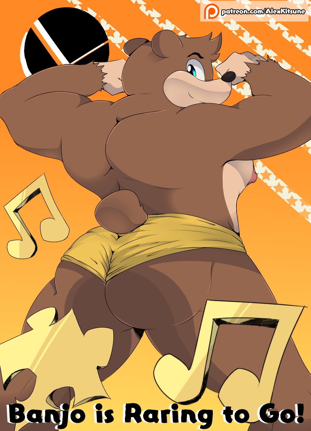 ! alex_kitsune anthro areola ass banjo-kazooie banjo_(banjo-kazooie) big_butt blue_eyes bottomwear brown_fur bubble_butt clothed clothing english_text flexing fur hi_res jiggy looking_at_viewer looking_back low-angle_view male male_only mammal manly muscles muscular muscular_male nintendo nipples patreon presenting_hindquarters rareware rear_view shorts simple_background smile solo standing super_smash_bros. super_smash_bros._ultimate text thick_thighs tight_clothing ursid video_games worm's-eye_view