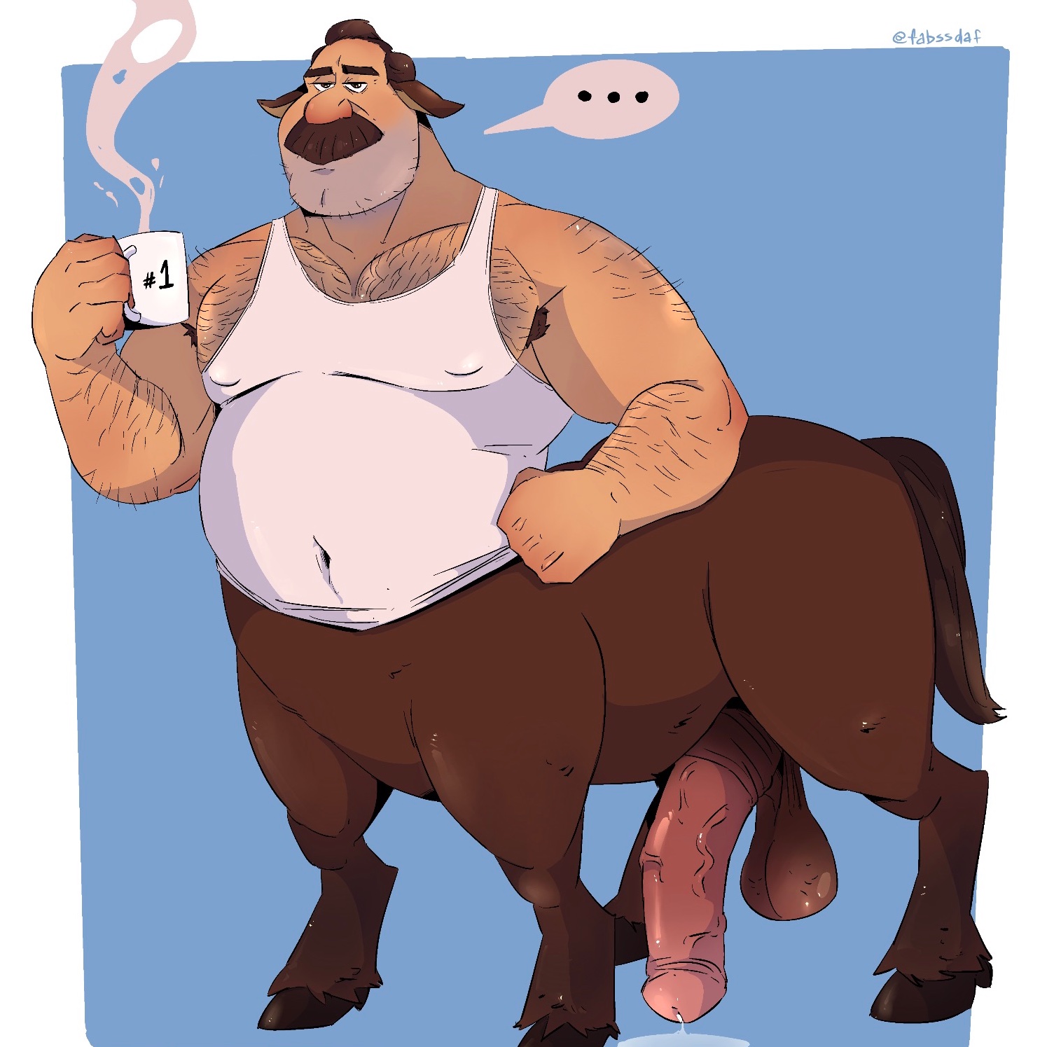 1boy, 2024, ass, balls, big ass, big balls, big penis, centaur, coffee mug, colt bronco, dilf, disney, equine penis, fabssdaf, hairy chest, hairy male, male, male only, musclegut, mustache, non-human, non-human only, onward (2020), penis, pixar, sagging balls, solo, tank top, taur, unusual anatomy, unusual genitalia, unusual penis