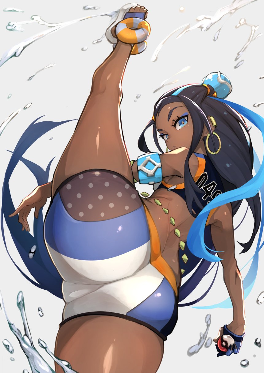 1girls, armpits, ass, back, big ass, blue eyes, blue hair, breasts, bubble ass, bubble butt, clothed, dark skin, dark-skinned female, earrings, feet, female, female only, flexible, gloves, gym leader, human, leg up, long hair, looking at viewer, looking back, nessa (pokemon), nintendo, nuezou, open toe shoes, poke ball, pokemon, pokemon ss, pose, shirt, shoes, shorts, sideboob, small breasts, solo, splits, spread legs, swimsuit, thick thighs, toes, vertical splits, water, wide hips