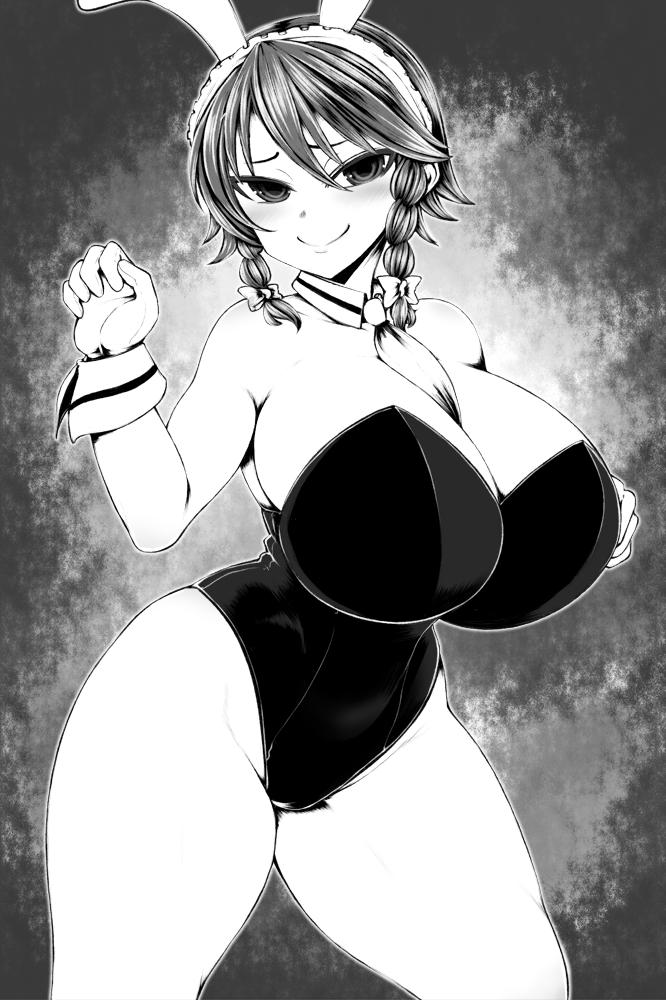 big breasts, blush, breasts, bunny ears, bunny girl, female, ginku mh, leotard, looking at viewer, monochrome, sakuya izayoi, smile, thick thighs, touhou, twintails, wide hips
