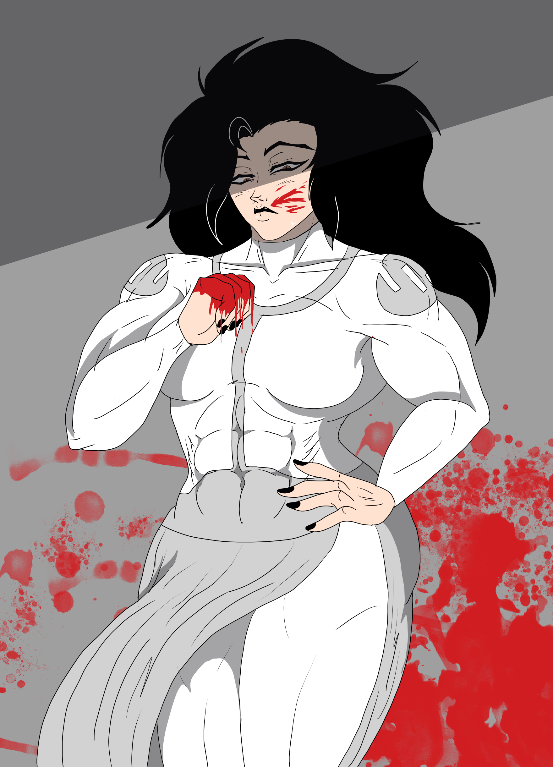 abs, black hair, black lipstick, blood, breasts, brown eyes, clothed, clothing, female, female only, femvincible, genderswap, genderswap (mtf), hair, invincible, invincible (comics), invincible (tv series), mark grayson, muscular, muscular female, rule 63, simple background, skirt, solo, theicevirus, thick thighs, viltrum mark, viltrumite, viltrumite uniform