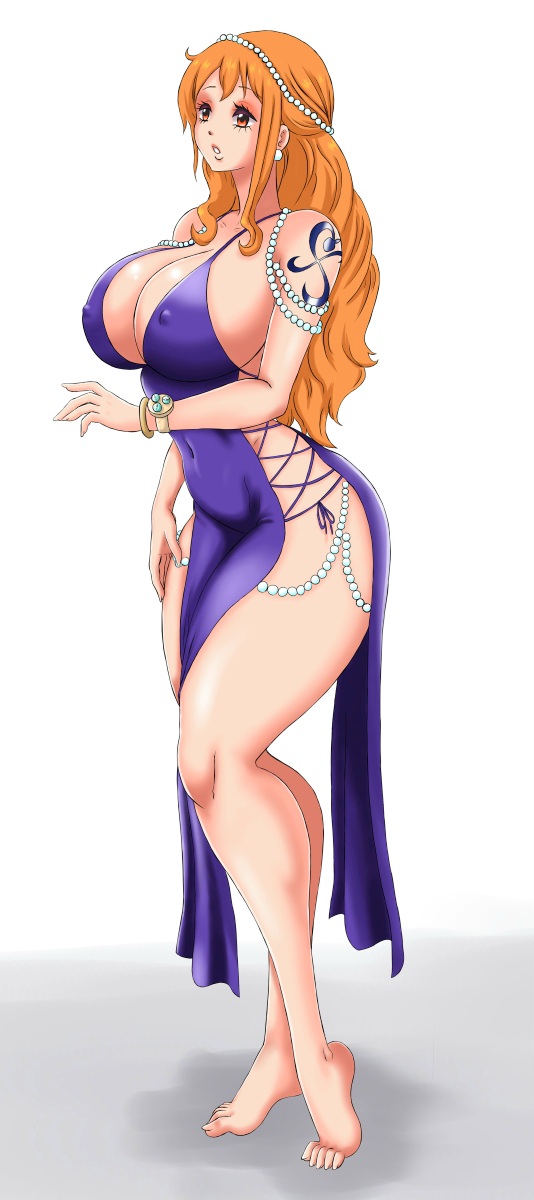 1girls big_breasts blonde_hair blonde_hair_female breasts cleavage clothing curvy_body curvy_female curvy_figure dress fat_ass female female_only log_pose long_hair nami_(one_piece) neeba nipple_bulge one_piece one_piece:_zou_arc orange_hair post-timeskip purple_dress thick_thighs wide_hips
