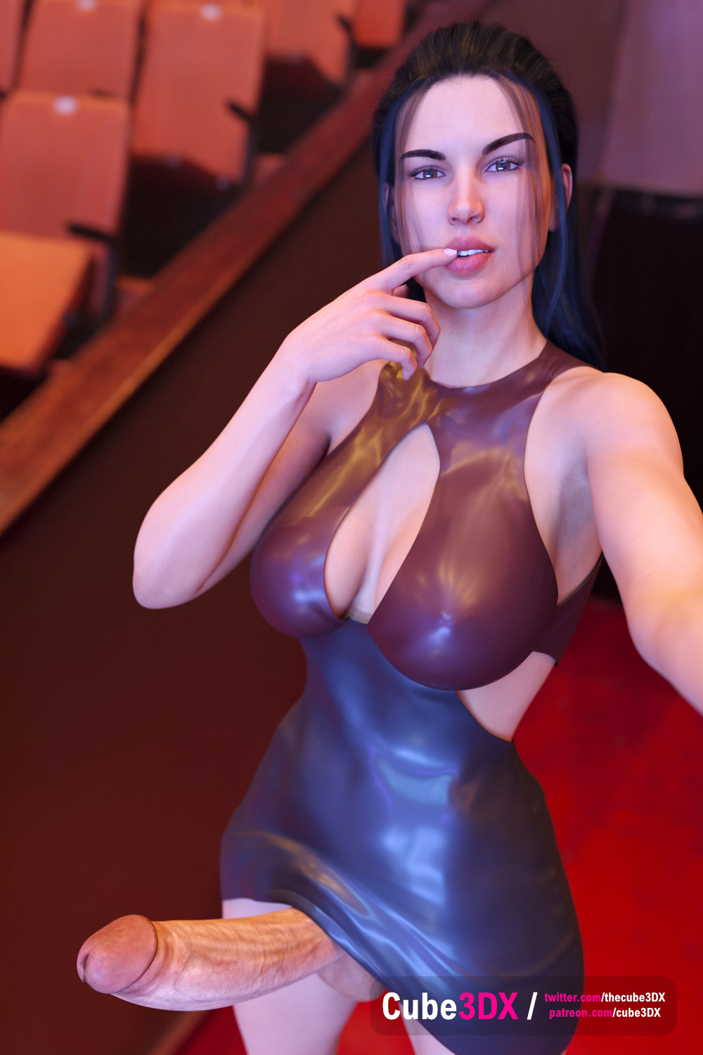 1futa, 3d, balls, balls under clothes, black hair, bottomless skirt, breasts, cleavage, cube3dx, curvy, dress, erect nipples, erection, erection under clothes, erection under skirt, futa only, futa sans pussy, futanari, huge cock, intersex, large penis, latex, latex dress, looking at viewer, medium breasts, nipple bulge, nipples, penis, penis out, penis under clothes, penis under dress, penis under skirt, realistic, selfie, skirt, skirt lift, solo