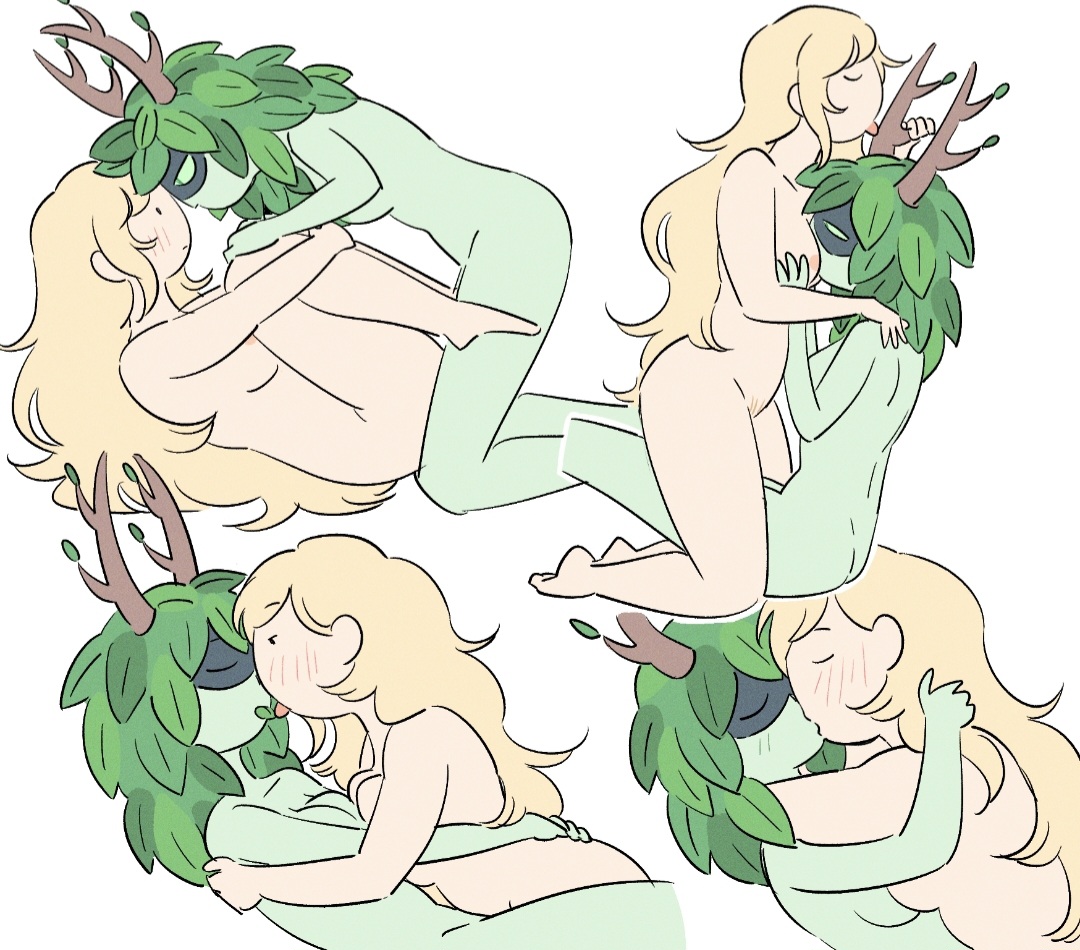 2girls, adventure time, adventure time: fionna & cake, blonde hair, blush, completely nude, embrace, female, female pubic hair, female/female, fionna the human girl, green eyes, green hair, green skin, huntress wizard, kissing, leaf, leaf hair, lesbian kiss, lesbian sex, multiple females, multiple girls, nude, nude female, pubic hair, yakza draw, yuri