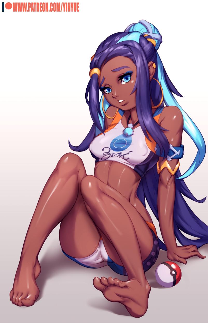 1girls, ass, barefoot, belly, big ass, blue eyes, blue hair, bracelet, breasts, cleavage, clothed, cute, dark skin, dark-skinned female, earrings, feet, female, female only, gym leader, hair bun, hoop earrings, hoop earrings oversized, human, long hair, looking at viewer, midriff, nessa (pokemon), nintendo, nipple bulge, patreon, poke ball, pokemon, pokemon ss, shirt, shorts, sitting, small breasts, soles, solo, text, toes, url, watermark, wide hips, yinyue