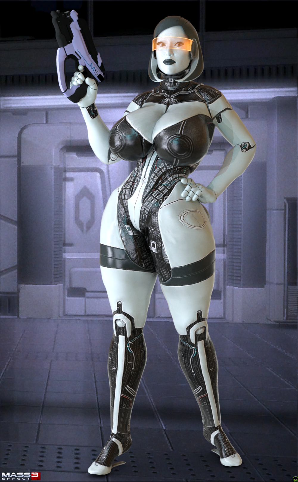 1girls 3d android artist_name big_breasts big_lips black_lips busty cleavage curvy detailed_background edi eyelashes female female_only front_view gun hand_on_hip hands_on_hip hands_on_hips high_heels holding_object hourglass_figure humanoid indoor inside looking_at_viewer mass_effect mass_effect_3 orange-tinted_eyewear pose posing robot robot_girl shadow shiny shiny_skin short_hair solo spread_legs spreading standing text tinted_eyewear video_game video_games visor voluptuous weapon wide_hips xskullheadx