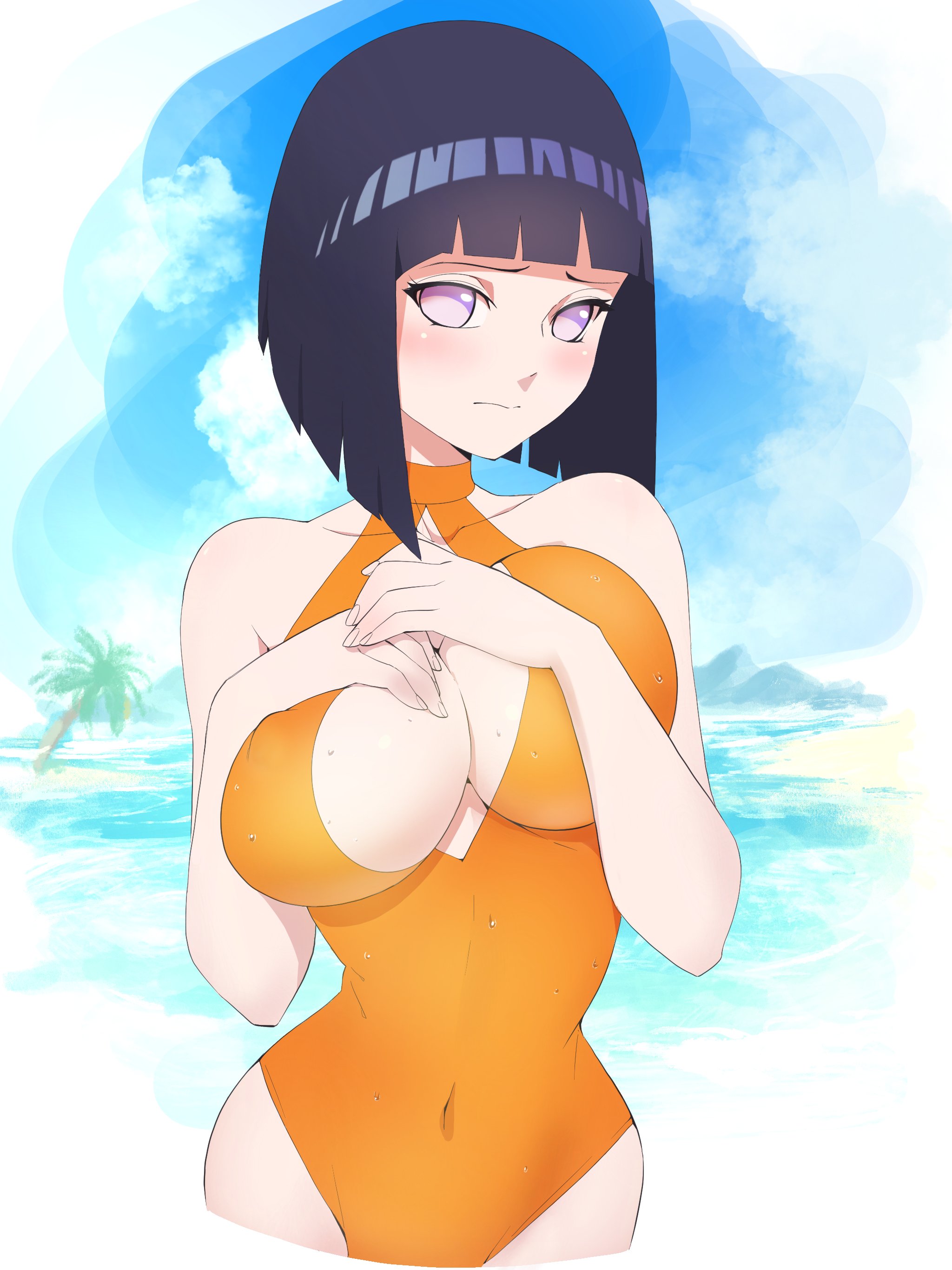 1girls, aetherion art, big breasts, blue hair, blue-haired female, bob cut, boruto: naruto next generations, breasts, female, female only, hyuuga hinata, lavender eyes, mature female, milf, naruto, naruto (series), short hair, solo, solo female, solo focus, swimsuit, uzumaki hinata, water
