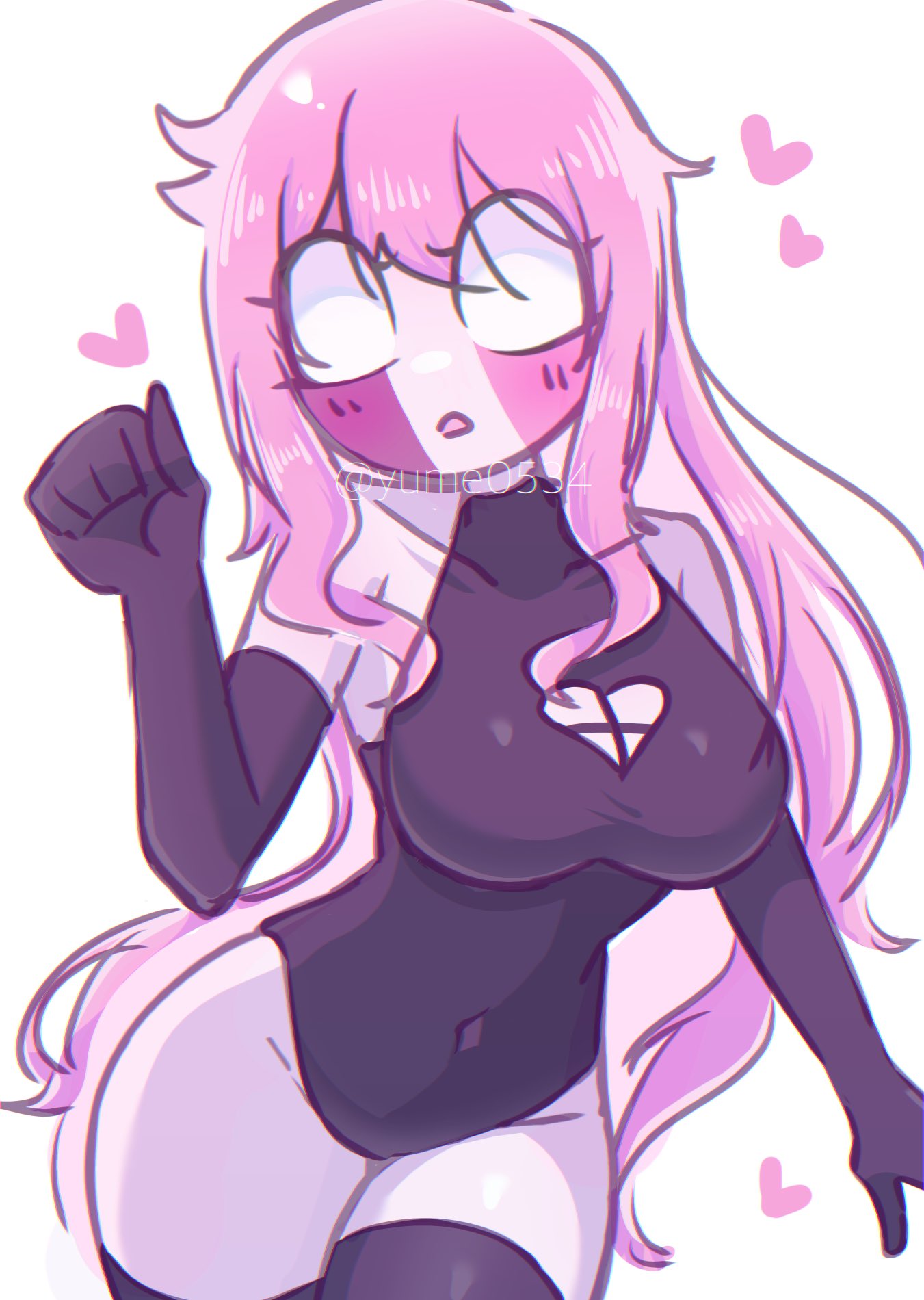 big breasts, boob window, breasts, cute, female, friday night funkin, friday night funkin mod, gloves, hearts around head, leotard, long gloves, long hair, pink hair, sarvente (dokki.doodlez), simple shading, sketch, thick thighs, thighhighs, white eyes, yume0534
