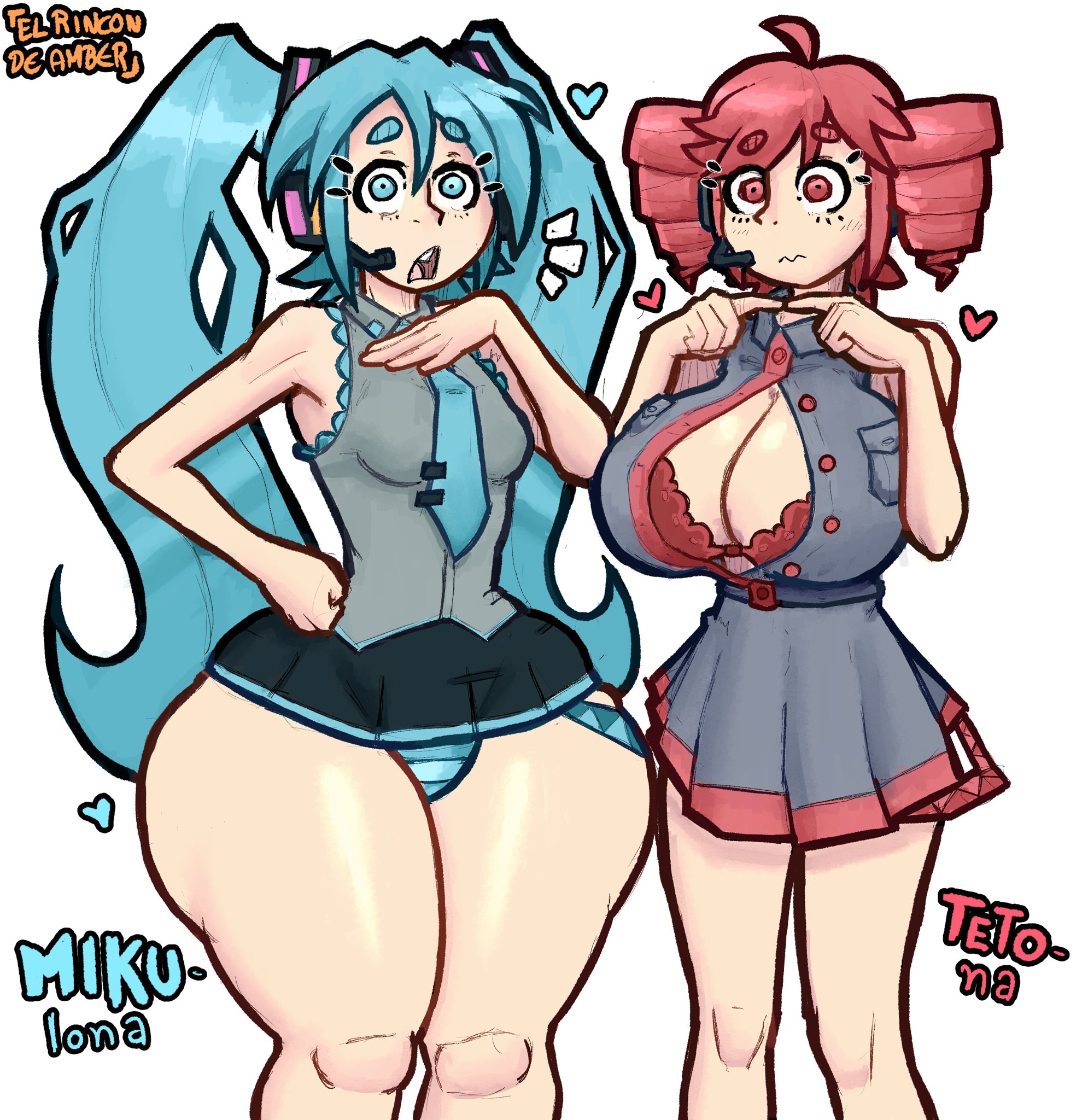 2girls, ahoge, alternate breast size, aqua eyes, aqua hair, artist name, ass, ass size difference, ass vs breasts, big, big ass, big breasts, blue eyes, blue hair, bottom heavy, bra, breast size difference, breasts, bursting breasts, cleavage, clothed female, comparing, curvy, drill hair, el rincon de amber, exposed bra, exposed panties, fat ass, fat tits, female, female only, fidgeting, hatsune miku, headset, heart, heart symbol, hearts around head, huge ass, huge breasts, huge thighs, kasane teto, lace-trimmed bra, large breasts, light skin, light-skinned female, long hair, miniskirt, multiple females, multiple girls, necktie, ornate bra, panties, pantyshot, red bra, red eyes, red hair, red panties, shirt, skirt, sleeveless, small ass, small breasts, small but busty, standing, striped, striped panties, thick eyebrows, thick thighs, thighs, top heavy, twin drills, twintails, undersized clothes, underwear, utau, very long hair, vocaloid, wide hips