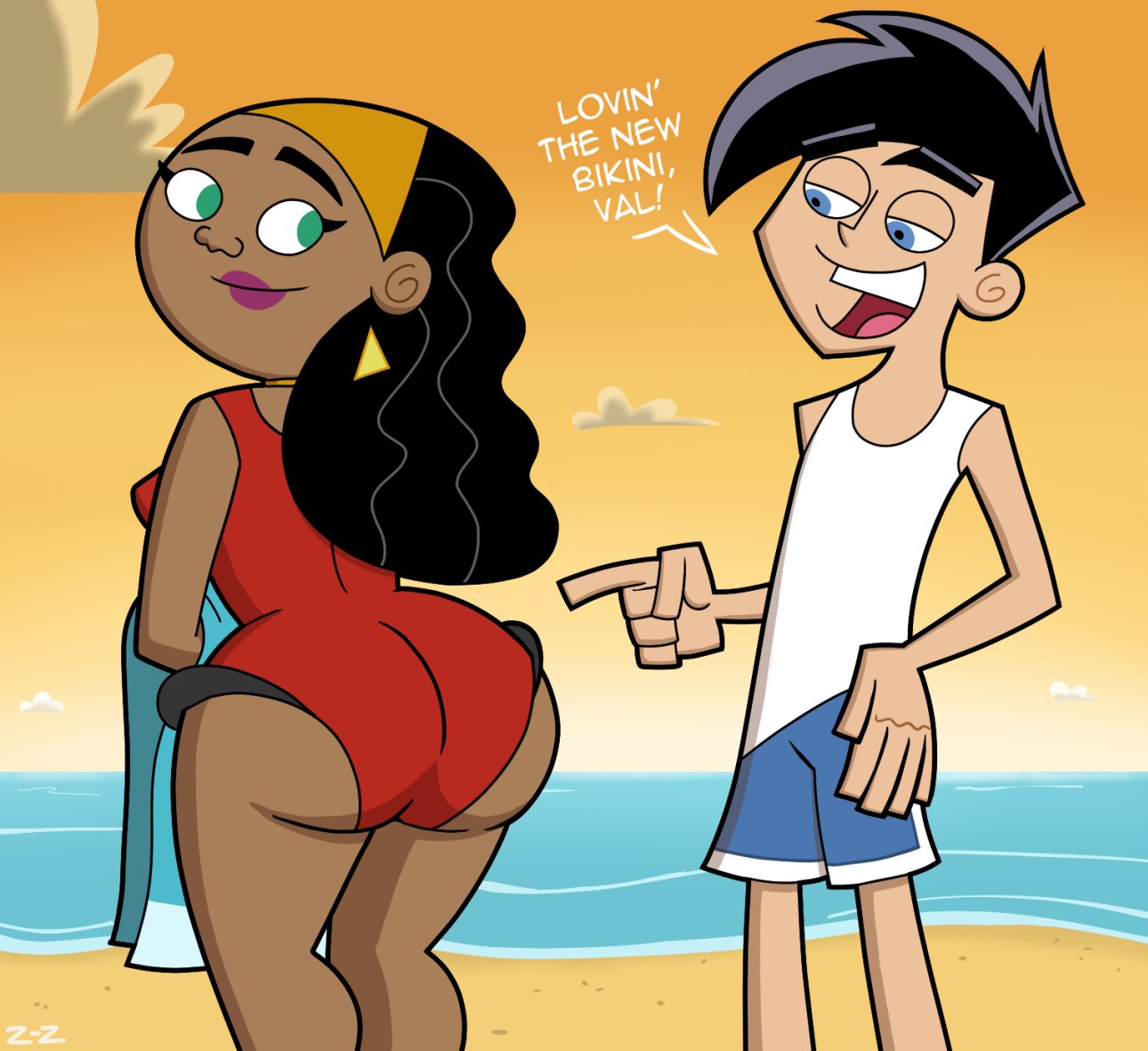 1boy, 1girls, accurate art style, ass, beach, belly, big ass, danny fenton, danny phantom, dark skin, dark-skinned female, female, large ass, male, nickelodeon, nicktoons, valerie gray, zoda-z