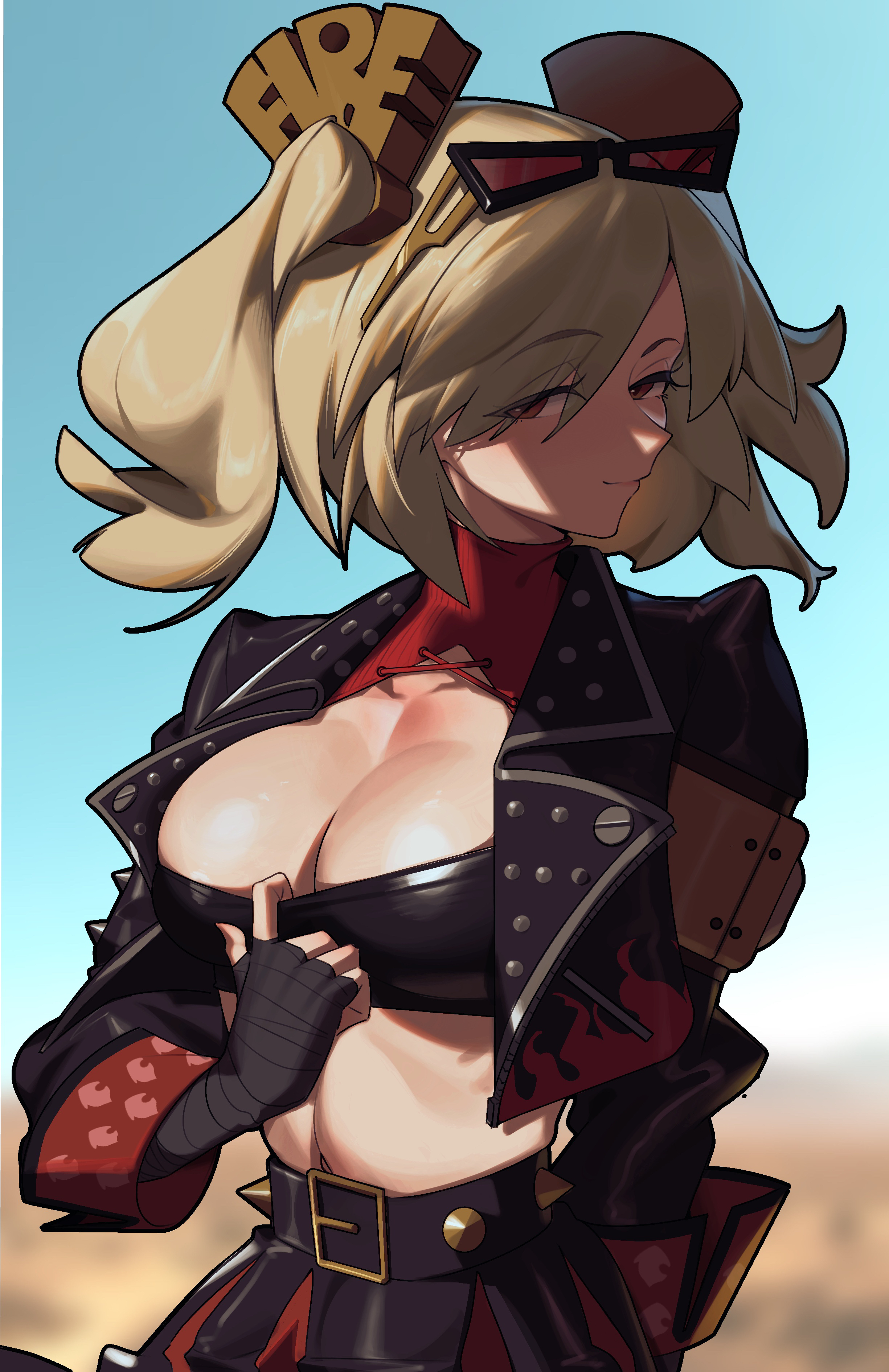 1girls, absurdres, black gloves, black jacket, black skirt, blonde hair, blurry, blurry background, breasts, burnice white, cleavage, closed mouth, cloudy rain4, crop top, eyewear on head, female, female only, gloves, highres, jacket, large breasts, long hair, looking at viewer, outdoors, red eyes, short hair, short twintails, skirt, smile, solo, sunglasses, twintails, zenless zone zero