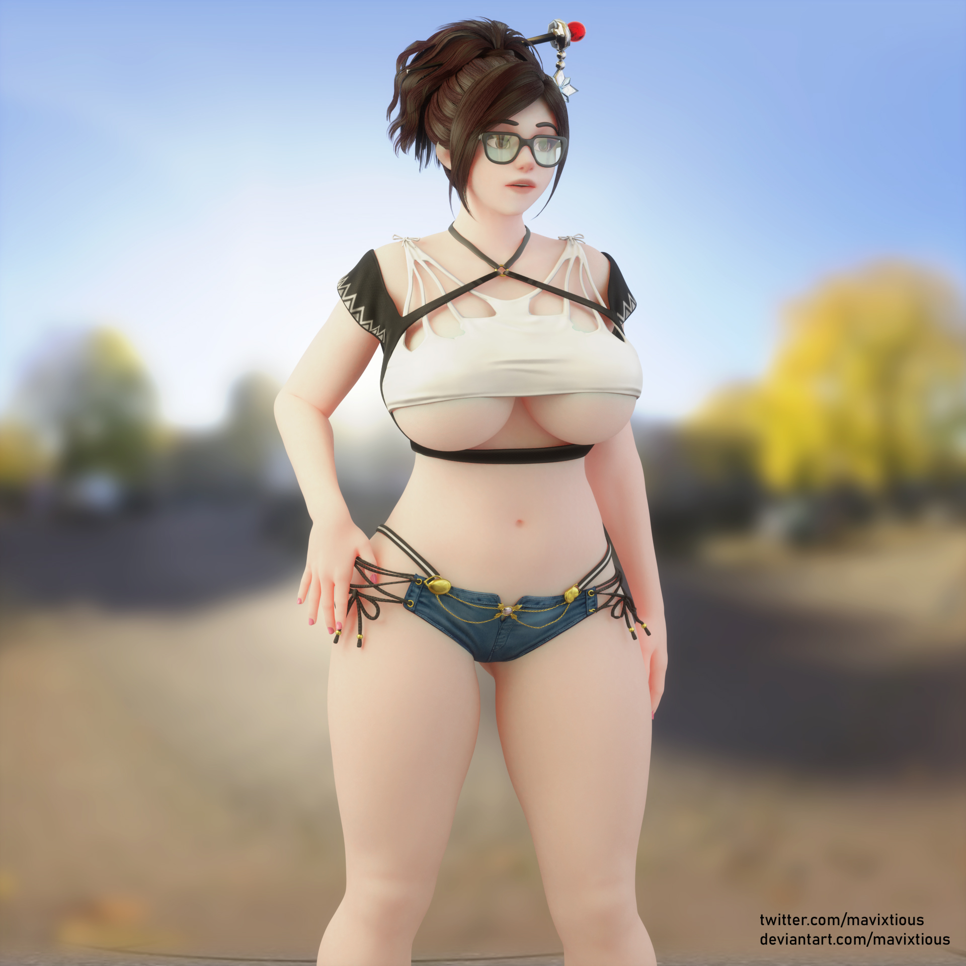 1girls, 3d, bikini bottom, blizzard entertainment, breasts, cleavage, clothed female, female, female only, glasses, hair pin, large breasts, mavixtious, mei (overwatch), mei ling zhou, overwatch, ponytail, solo, standing, underboob