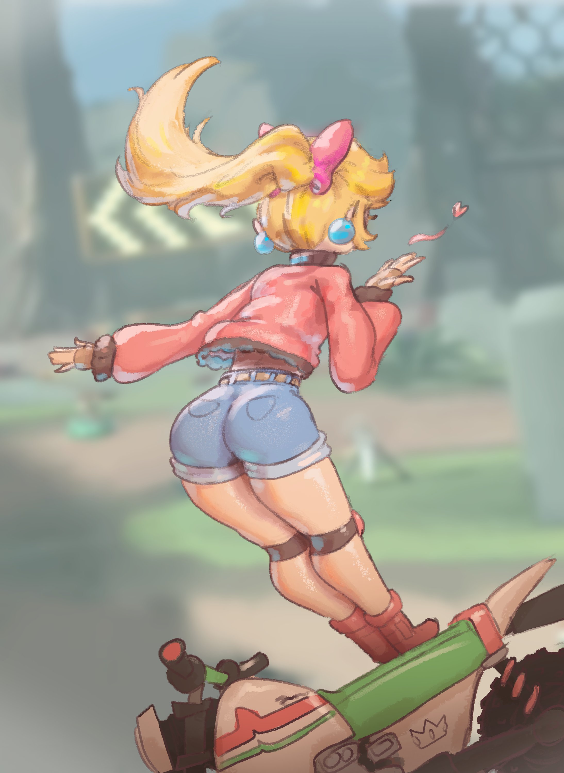 absurdres, ass, back, blonde hair, blowing kiss, bow, brown gloves, cropped jacket, denim, denim shorts, earrings, facing away, female, female focus, female only, fingerless gloves, gloves, hairbow, highres, jewelry, lickagoat, long hair, mario (series), mario kart, mario kart world, nintendo, official alternate costume, official alternate hairstyle, pink bow, ponytail, princess peach, princess peach (touring), shorts, sphere earrings